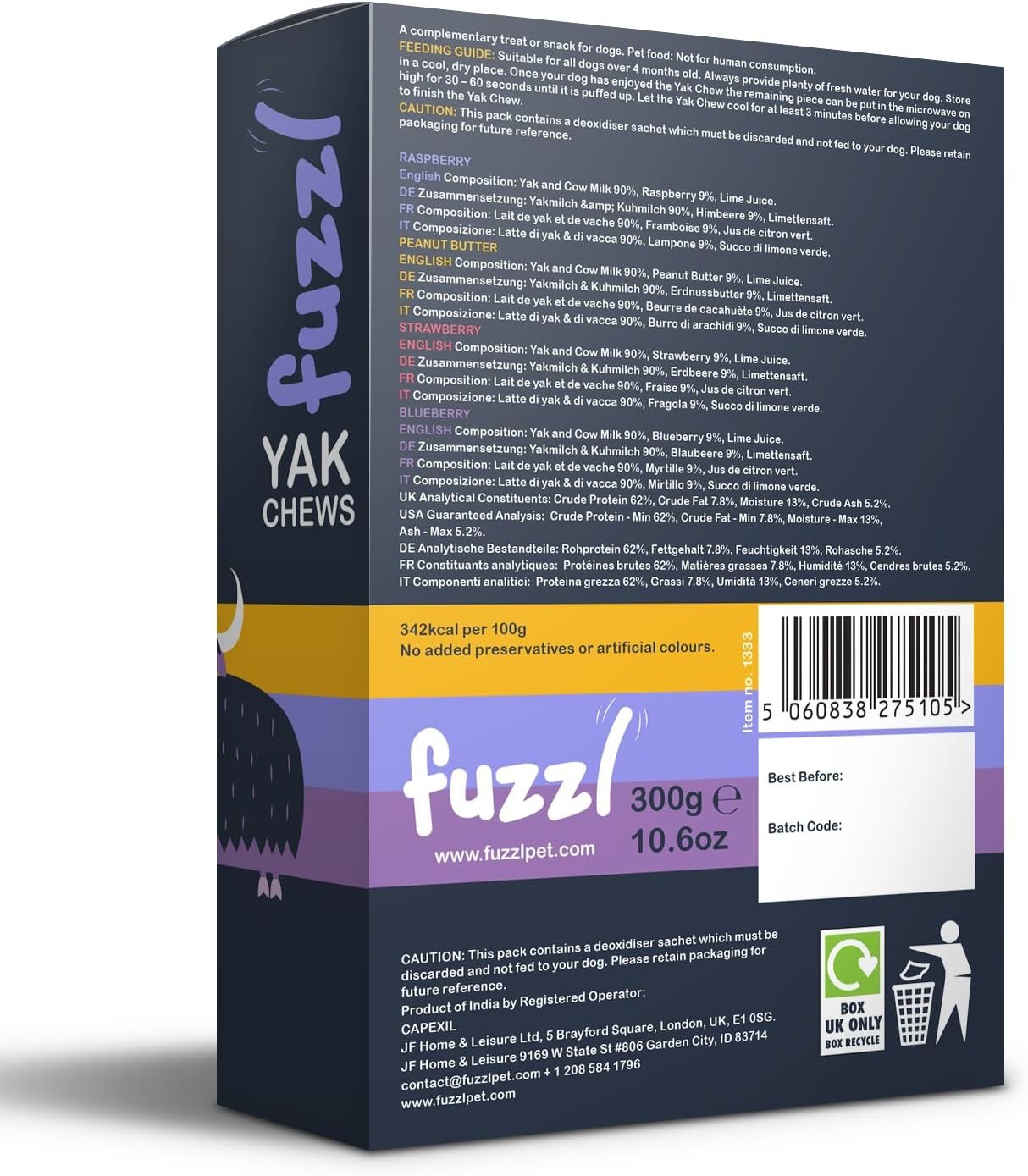 Fuzzl Raspberry, Peanut Butter, Strawberry & Blueberry Himalayan Yak Cheese for Dogs Box 4, 300g Premium Natural Dog Treats | Yak Chews for Dogs Dental Chews