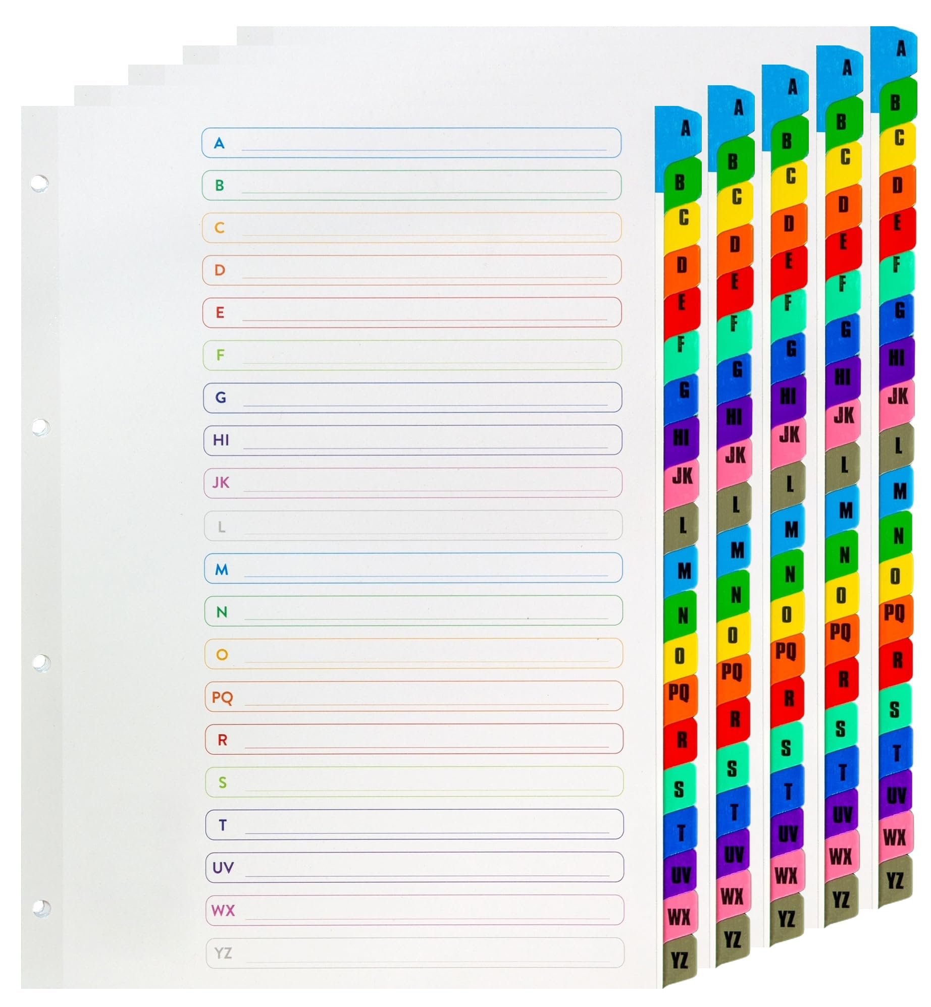 A4 A-Z Alphabetical 20 Part File Subject Dividers (5 Pack) Mylar Reinforced Plastic Multi Coloured Index Tabs Multi Punched