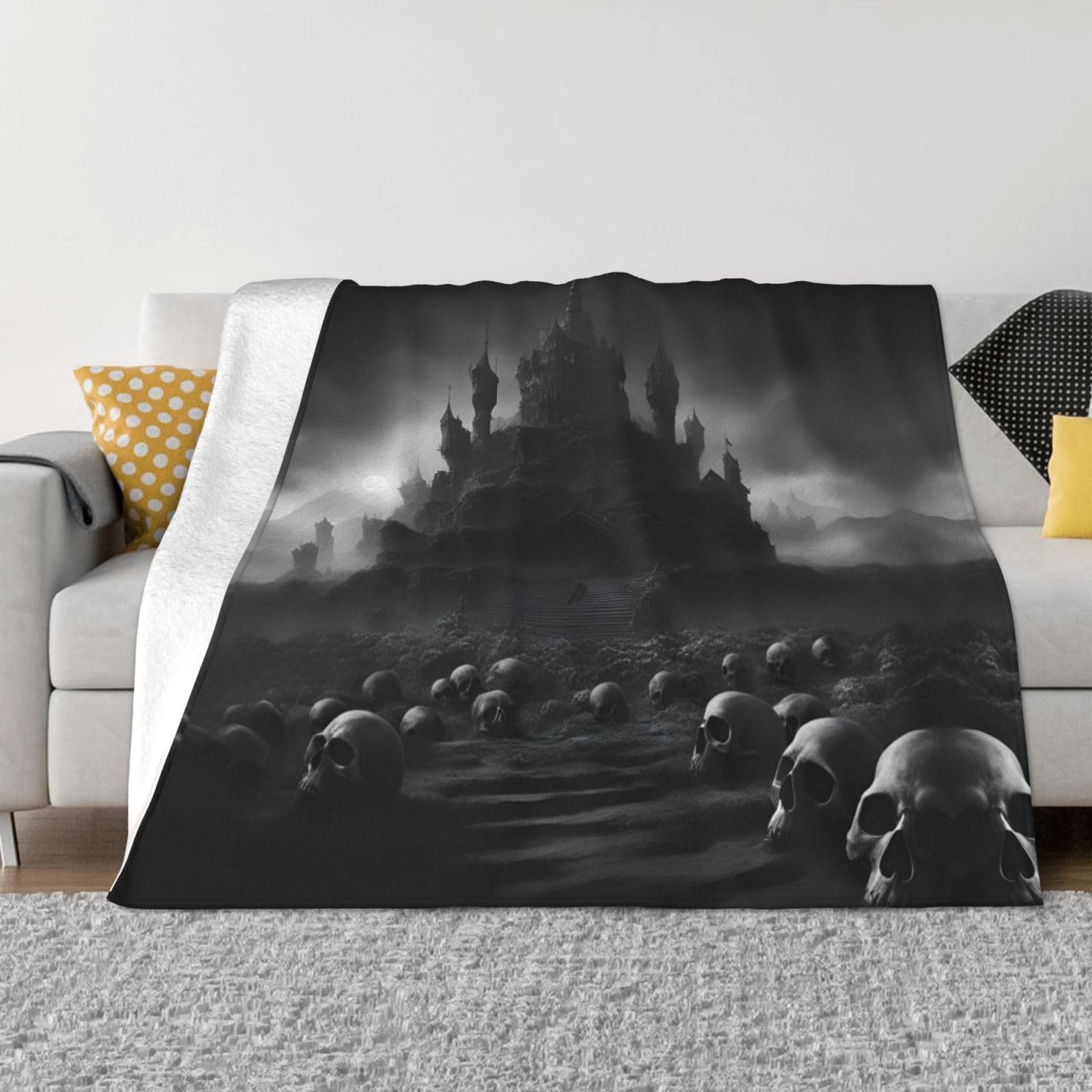 Couverture en flanelle motif crânes noir et blanc pour canapé et lit