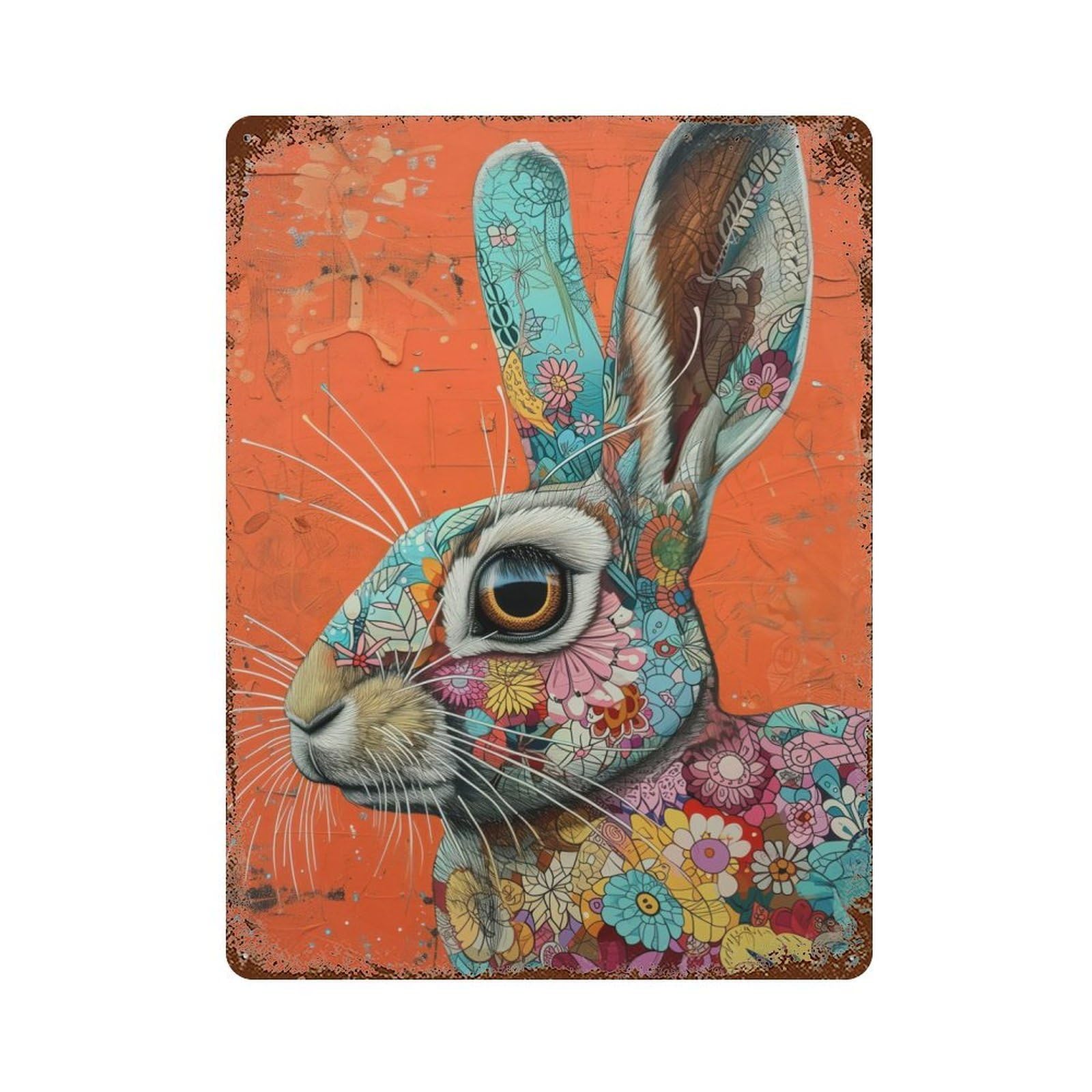 Rust Effect The Floral Rabbit Weathered Tin Sign 15.7"x11.8", Farmhouse Wall Decor for Farmhouse, Kitchen And Entryway Decor
