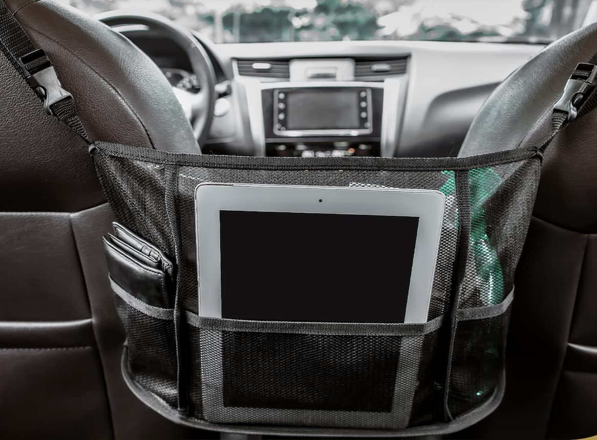 Car Organizer for Back & Front Seat Storage - Flexible Mesh Pocket Net Holder for Middle Console Between Seats - Backseat Toy Organizer for Kids & Baby - Seatback Pet Barrier with Many Storage Options