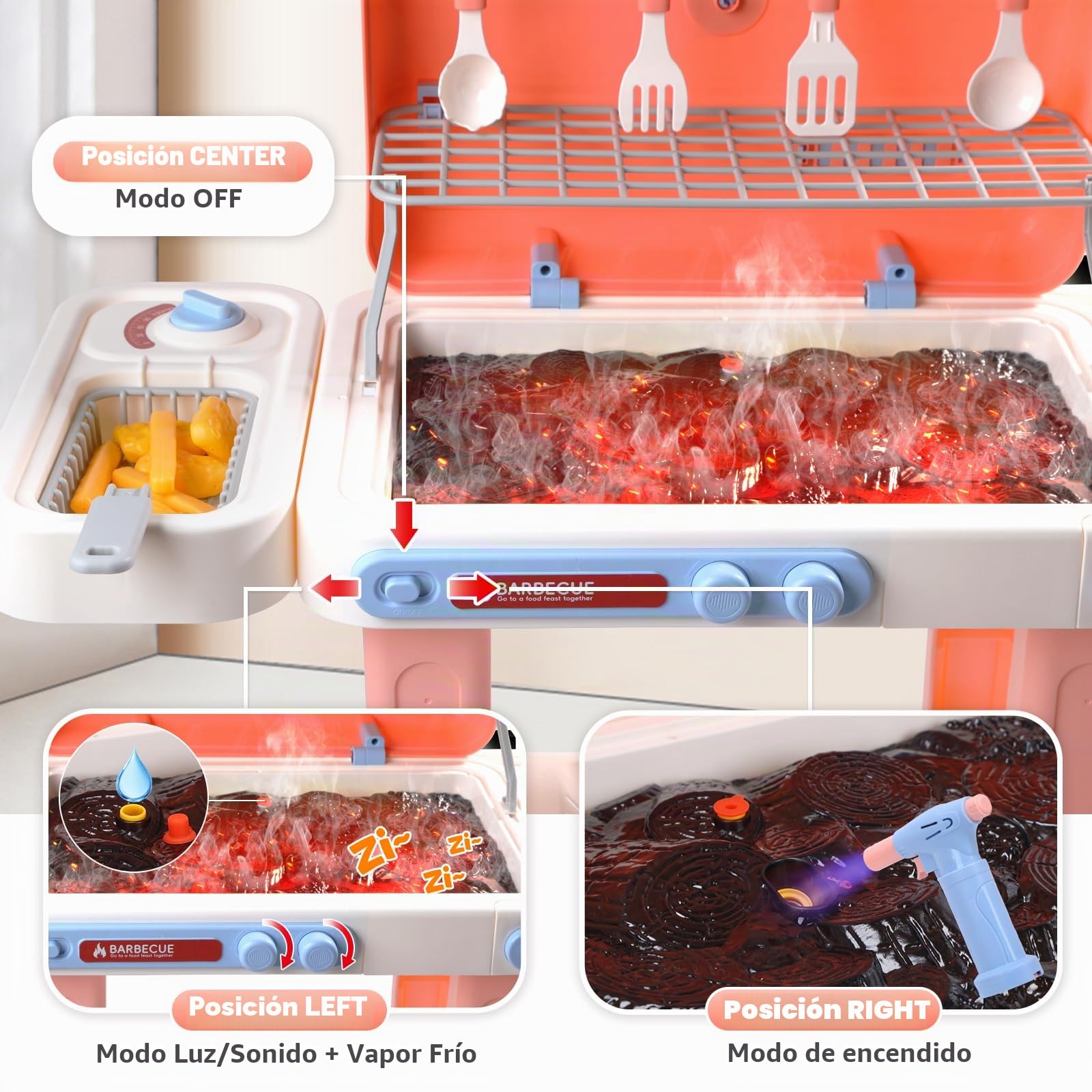 CUTE STONE Barbacoa de Juguete para niños con Comida Que Cambia de Color, Vapor, Sonidos y Luces – Juego de Cocina al Aire Libre con sartén, con Ruedas para fácil Transporte