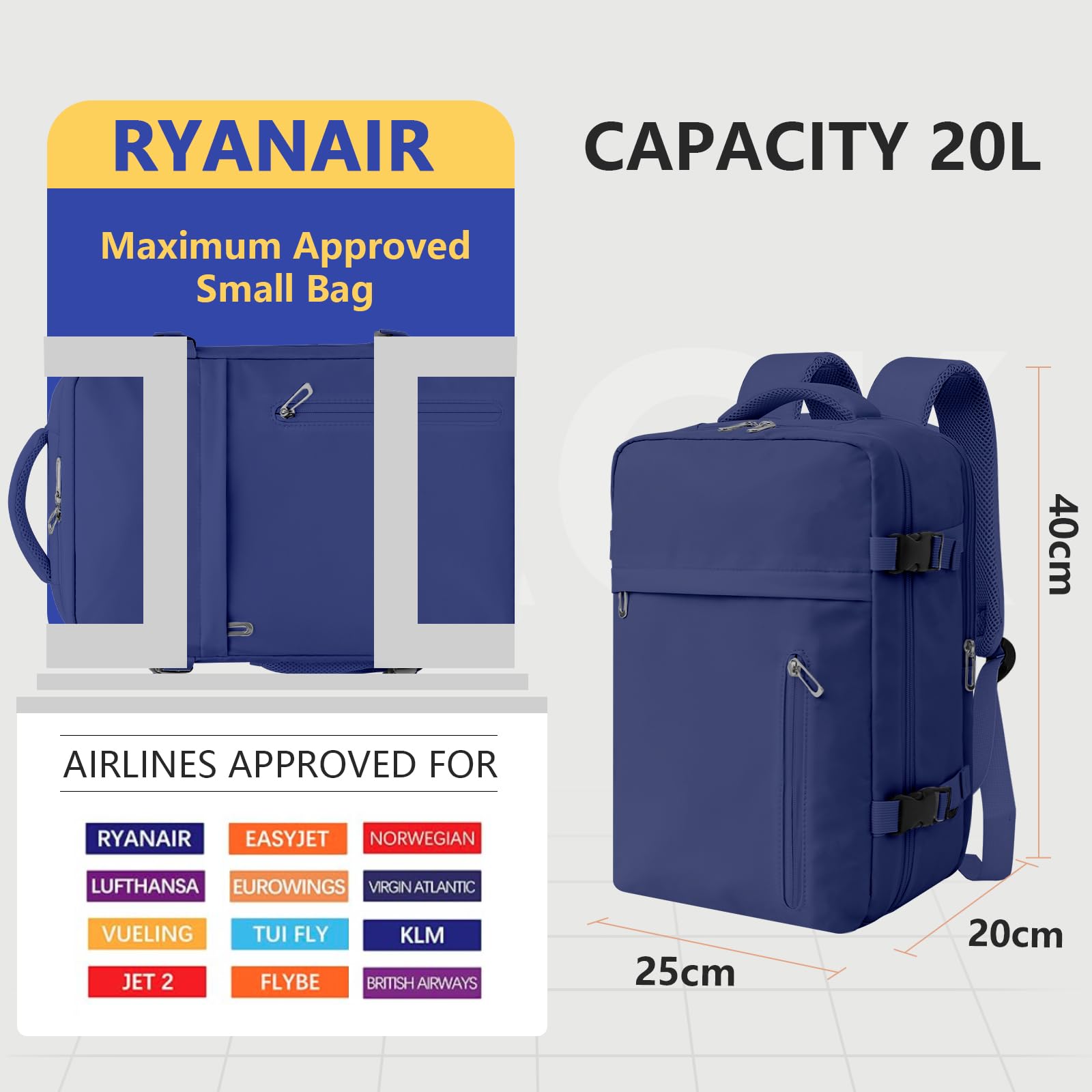 KIRFEIHT Bagaglio a Mano 40x20x25 per Ryanair Zaino da Viaggio Aereo Piccolo - Zaino da Viaggio a Cabina Piccola, Zaini Universali per Uomo e Donna per Scuola Trekking Lavoro - Blu Scuro
