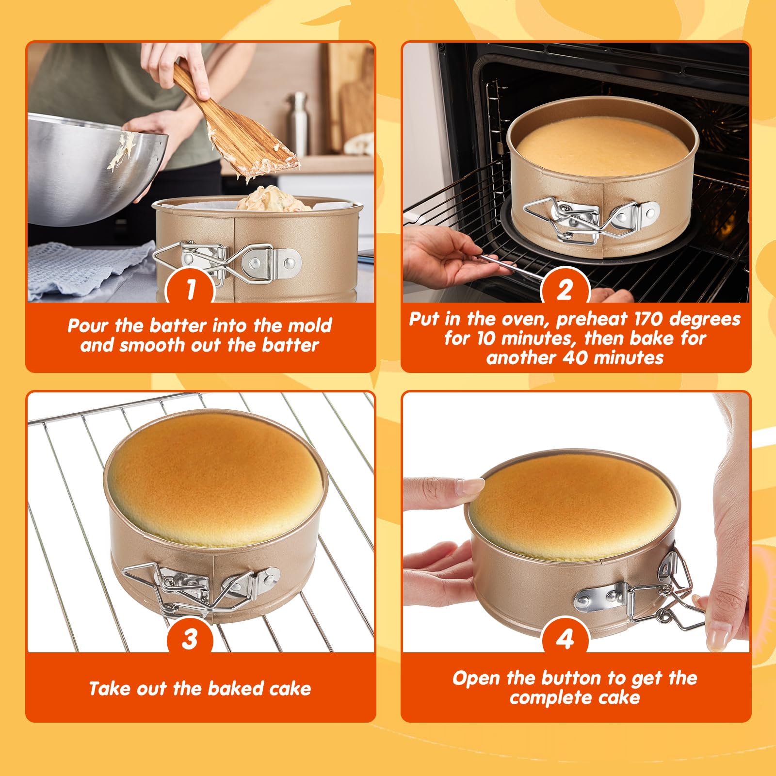 Sunnyray 12 moldes de 4 pulgadas con forma de resorte, pequeños moldes redondos a prueba de fugas, mini molde para tartas de queso con parte inferior extraíble antiadherente para hornear mini pastel