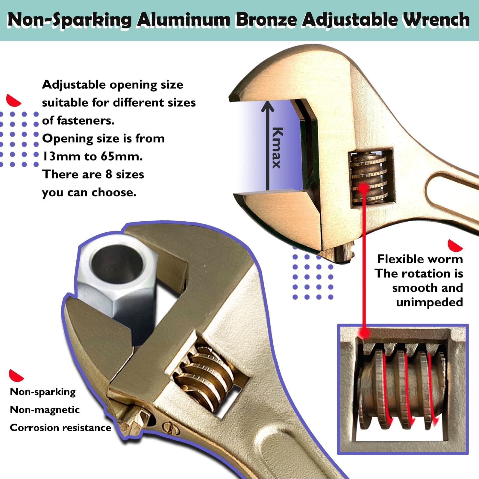 WEDO 12" Chiave inglese regolabile Senza Scintille,Chiave Regolabile a Rullino in alluminio bronzo,Apertura Scorrevole fino a 36 mm,Regolabile Chiave 300mm,Certificato BAM e FM
