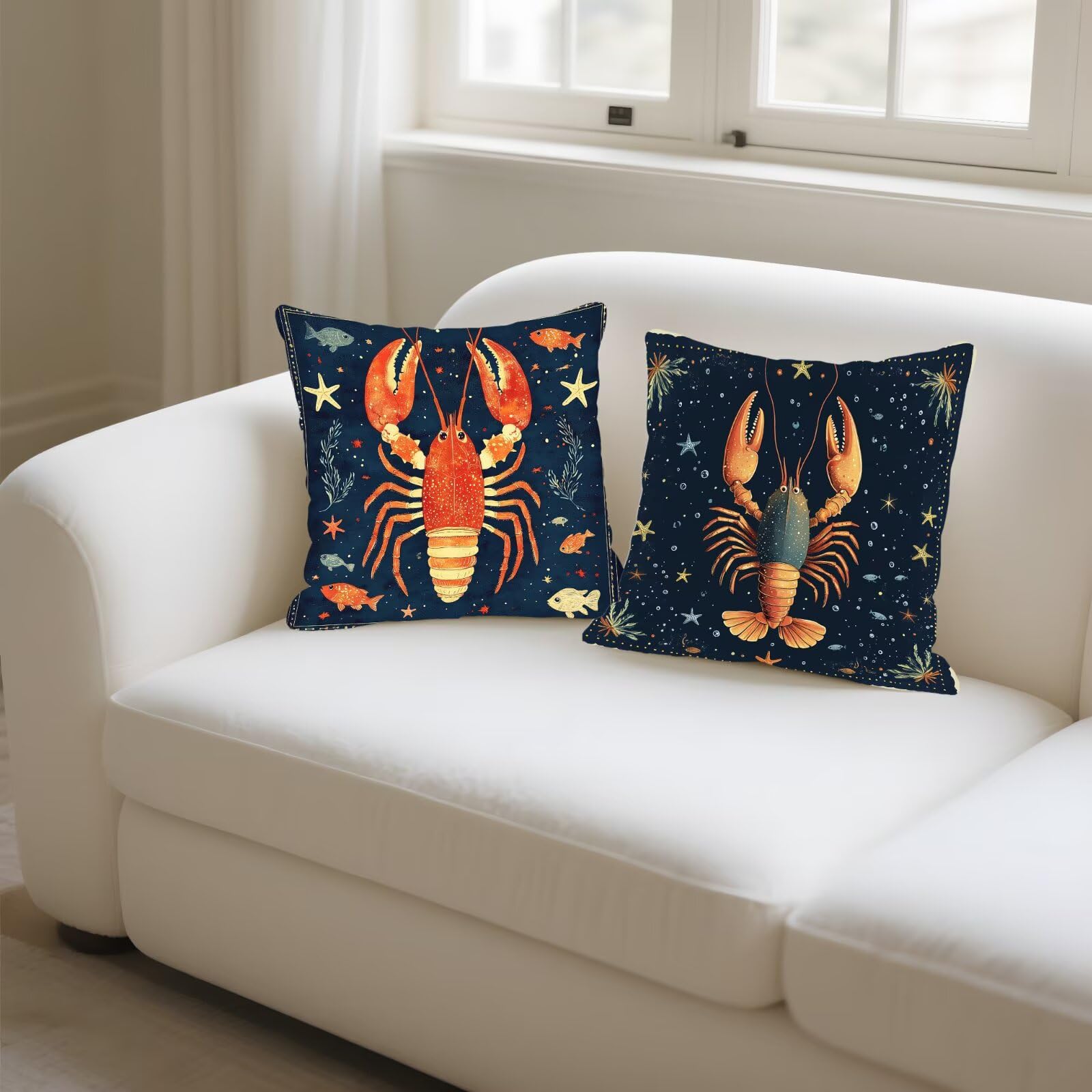 Cojines Sofa Fundas Cojines 50x50cm SúPer Suave Cojin Azul marino Langosta Juego de 4, Fundas Almohada Impermeable Exterior, Interior Y Exterior Cojin Decorativos, Para SalóN Regalos NavideñOs P-187