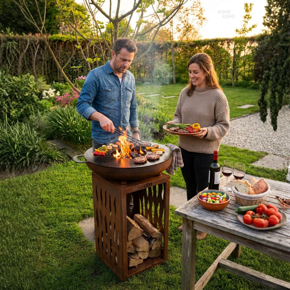 Plancha Acier Corten - BBQ Extérieur - Cheminée de Jardin - Rangement du Bois - Aspect Luxueux