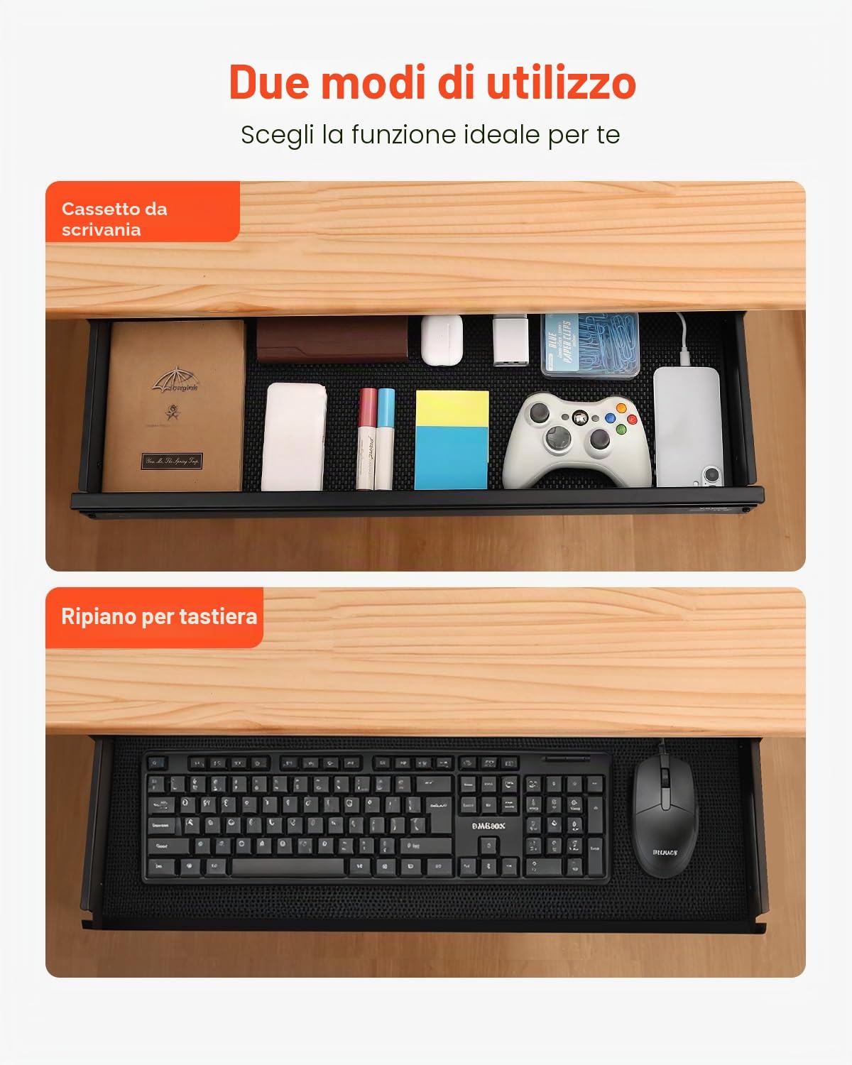 VEVOR Cassetto Estraibile Sotto Scrivania 740 x 235 x 107 mm Organizzatore Nascosto per Riporre Oggetti sulla Scrivania, Cassetto Portapenne Sotto Tavolo per Postazioni di Lavoro da Ufficio, Nero