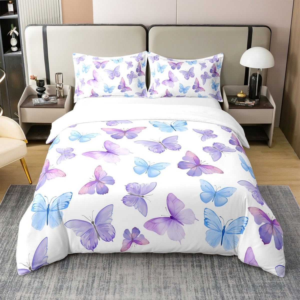 Housse de couette papillon 140x200 bleu violet en coton pour lit enfant