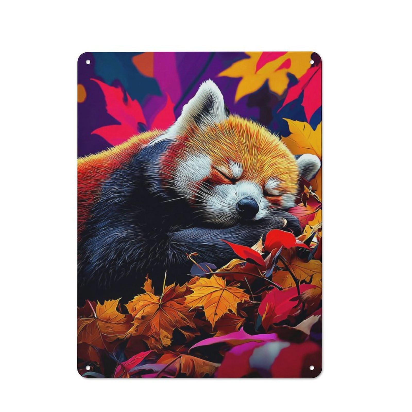 Junmoney Sleeping Red Panda Amidst Autumn Leaves Farmhouse Metal Sign With Design 40X30cm, Rustic Rustic Kitchen Decor For Dining Room, Cafe, Entryway Or Family Room