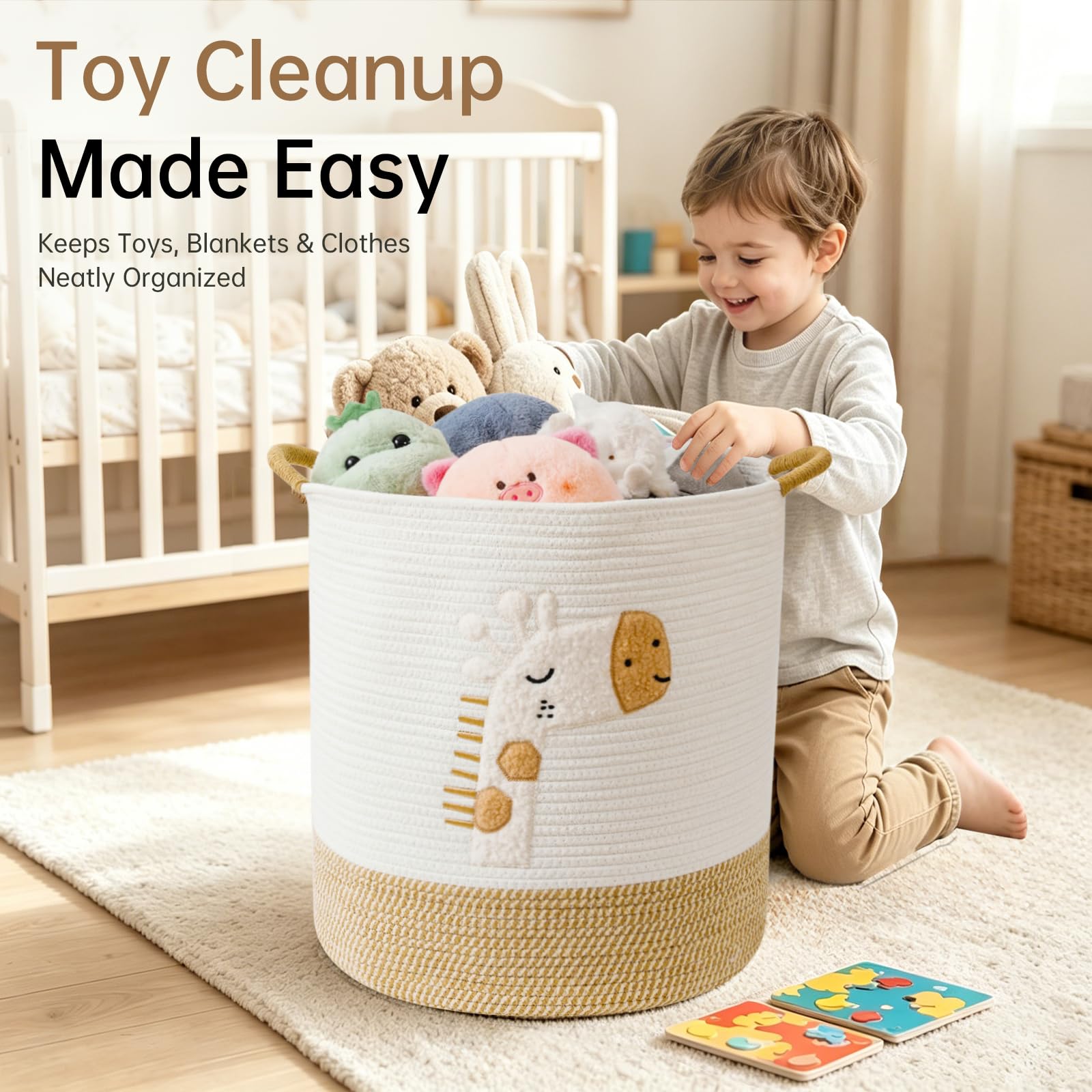 Cesto Portabiancheria 51L Grande Cesta Giochi Bambini Cesto Biancheria Sporca Contenitore Giochi Cestini Portaoggetti, Cesta di Stoccaggio in Corda di Cotone per Bambini con Maniglie, Giraffa