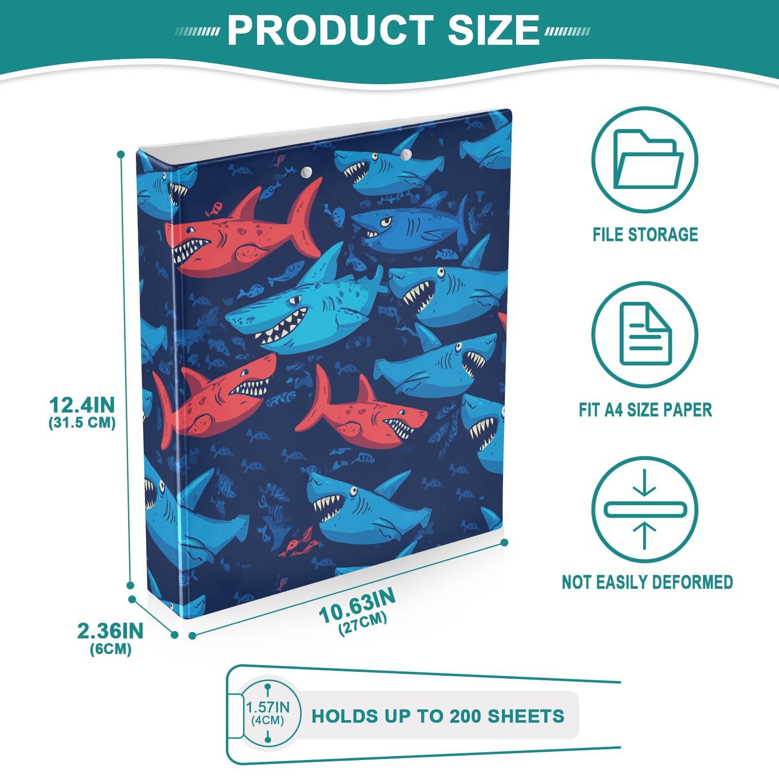 Kcldeci Angry Sharks - Raccoglitore a 3 anelli con copertina rigida, 3,8 cm, 200 fogli, per ufficio, casa, rientro a scuola, confezione da 2