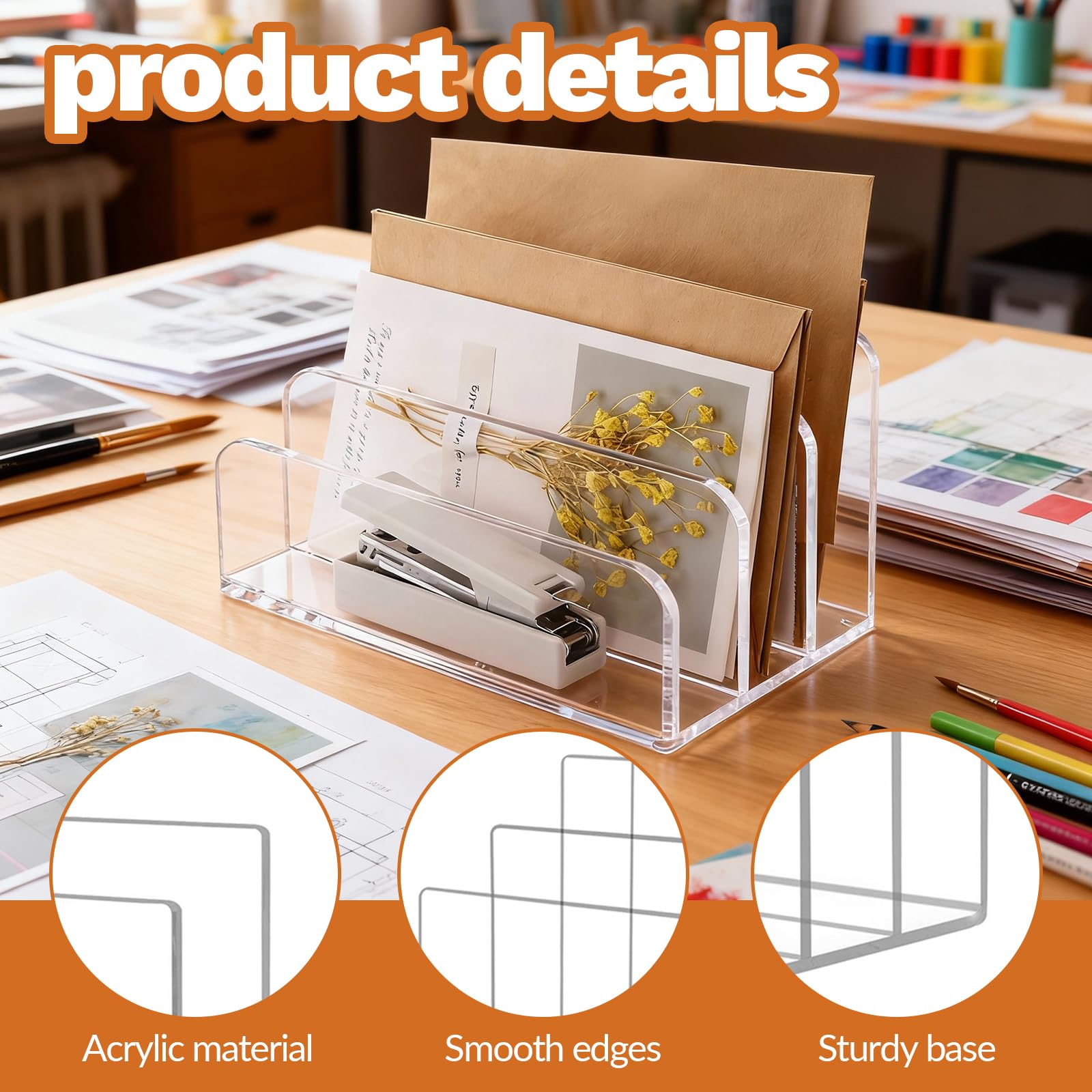 Soporte para cartas con 3 compartimentos, escritorio, soporte para cartas de acrílico, organizador de cartas transparente, soporte para documentos para escritorio, cartas, postales, folletos