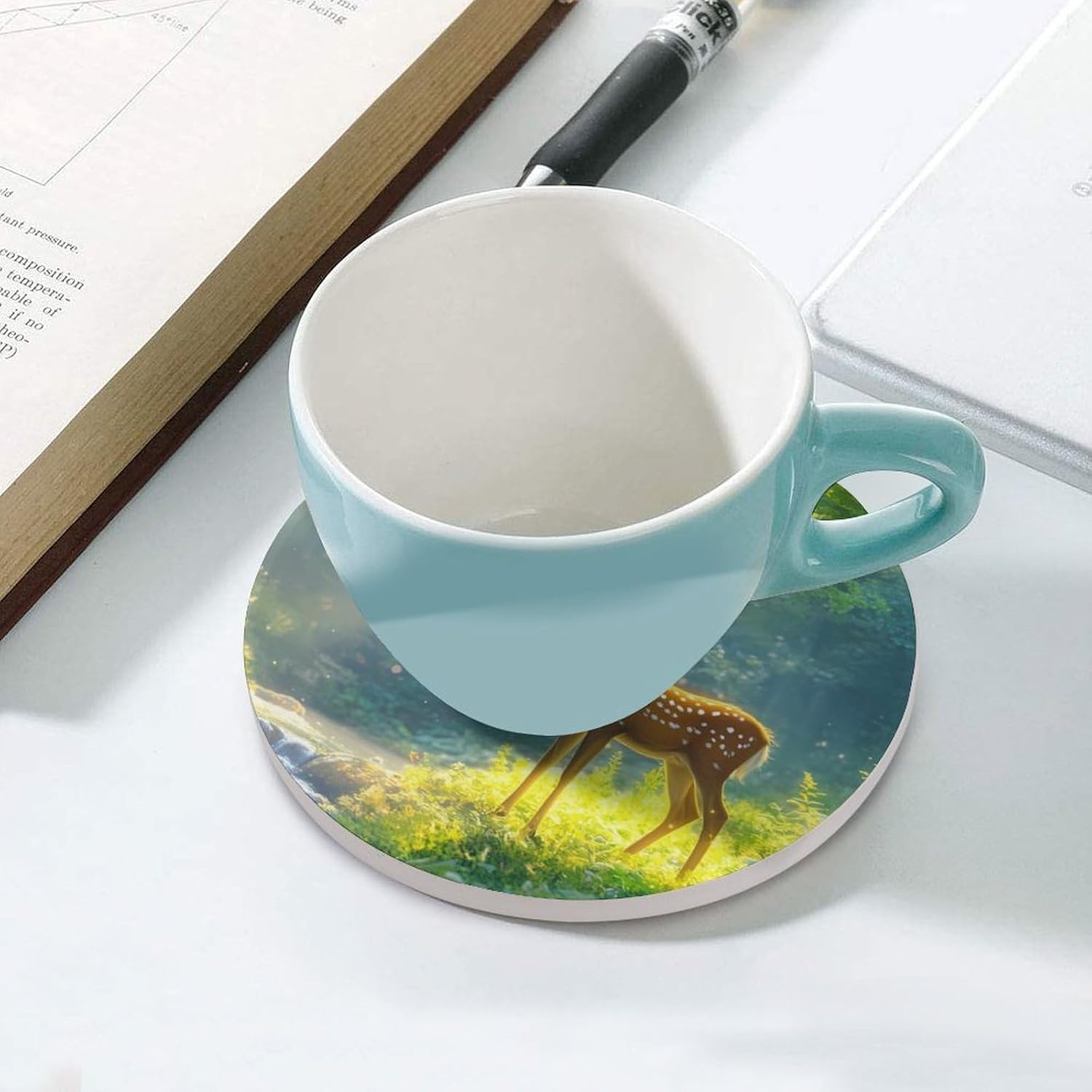 Deer and Mushroom Round Ceramic Coasters Print Drinks Absorbent with Cork Base for Home Decor Gifts 4 Inch