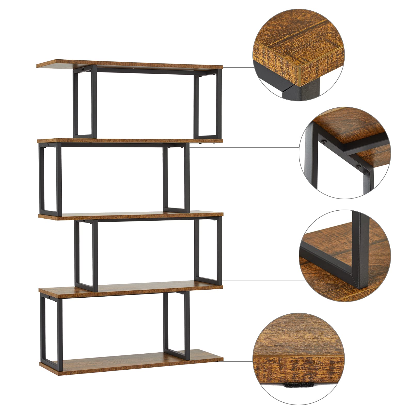 Mondeer Libreria a forma di S, Scaffale Portaoggetti, Libreria a 4 Ripiani, Libreria in Stile Industriale, con Struttura in Metallo, 76 x 24 x127.5cm, per Soggiorno e Ufficio, Marrone