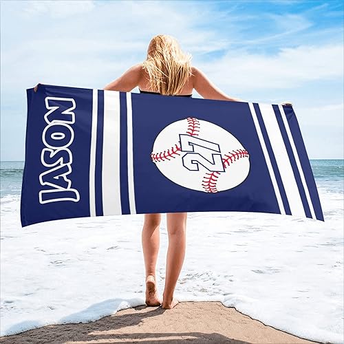 Toalla de playa de béisbol personalizada a rayas azules y blancas con nombre para deporte, boda, regalo de cumpleaños, 30 x 60 pulgadas, 2 lados