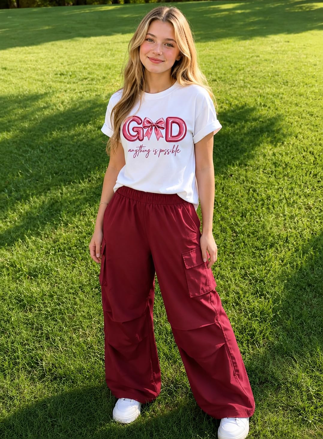 OLMRJKD Girls Clothes Letter Print Short Sleeve Top & Cargo Pants 2PCS Girls Clothing 7-16 Years