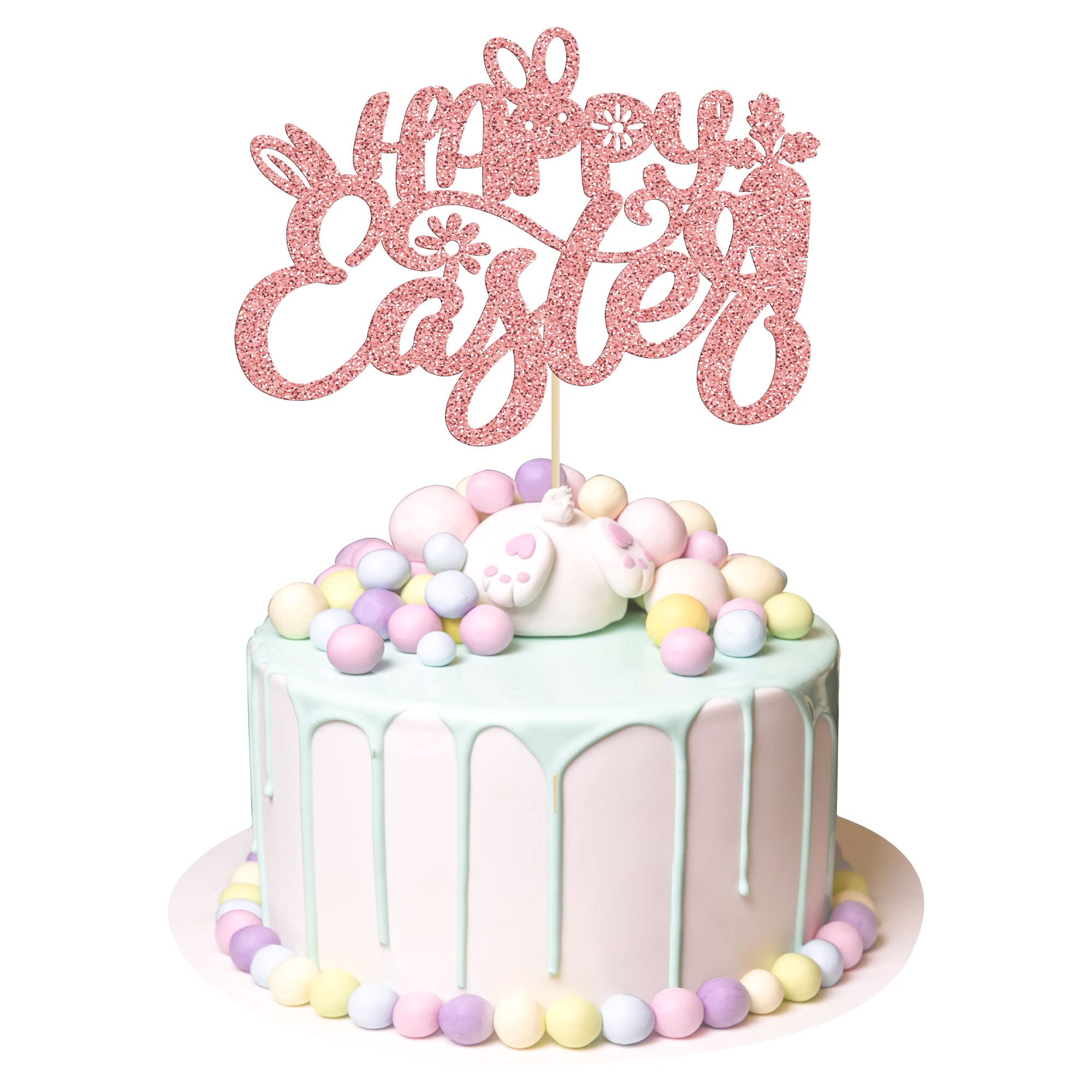 1Pc Happy Easter Cake Topper Rose Gold Glitter Bunny Cake Decorations Rabbit Carrot Cake Food Pick for Happy Easter Themed Baby Shower Kids Birthday Party Supplies
