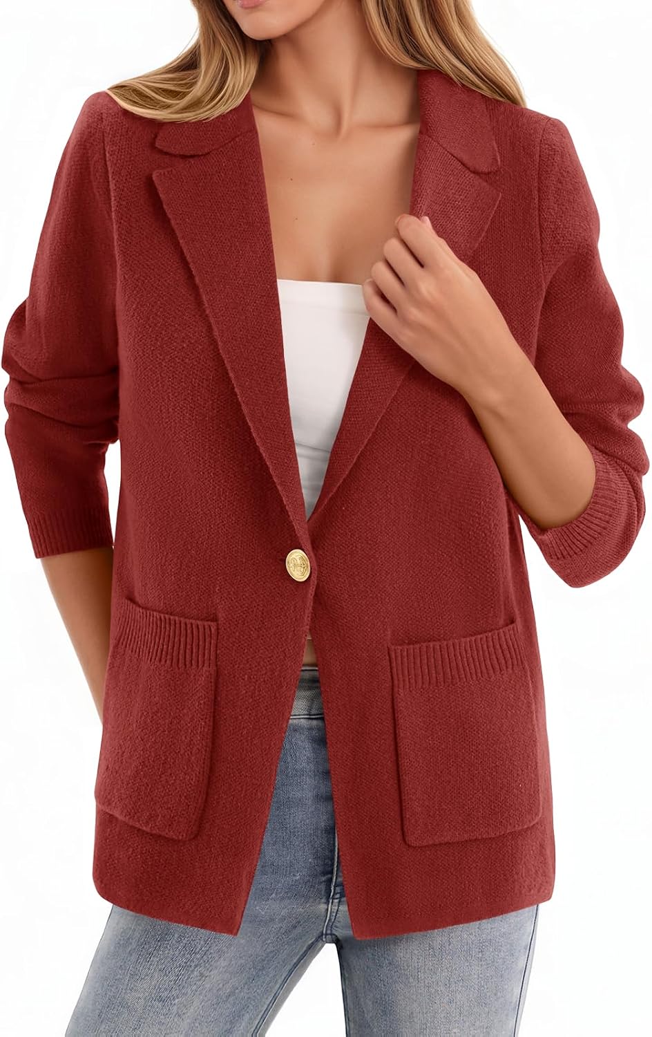 Fisoew Womens Casual Sweater Blazers Open Front Long Sleeve Work Office Suit Knit Jackets Blazer