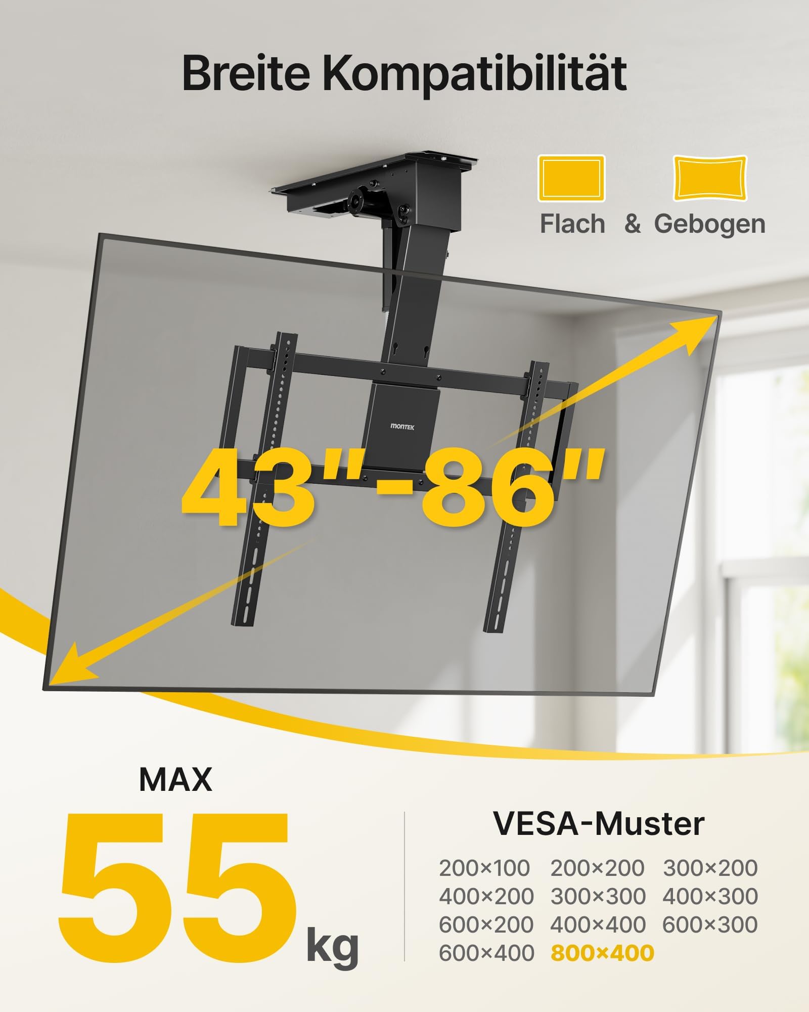 monTEK TV Deckenhalterung Elektrisch für 43-86 Zoll bis 55kg, VESA 800x400 | Fernbedienung/App/Sprachsteuerung, Klappbar Fernsehhalterung für Außermittig Angebrachte TV, für Flache/geneigte Dächer