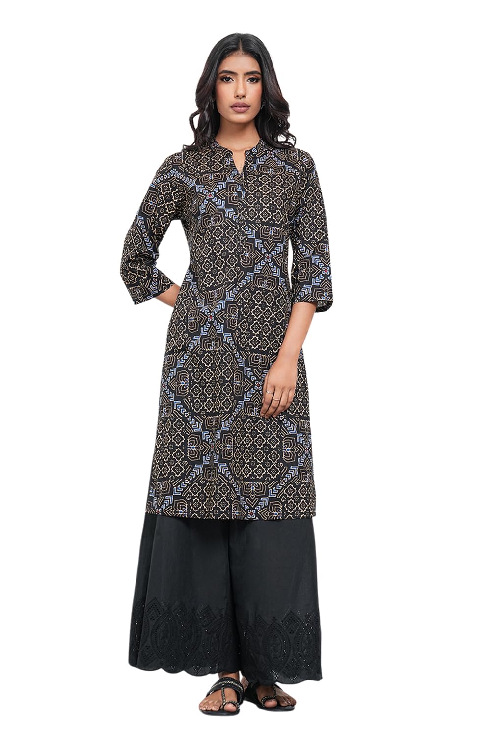 rangmanch by pantaloons Women's 100% Cotton Printed Kurta | Regular Fit | Mandarin Collar | 3/4 Sleeve | Knee Length-picture-22