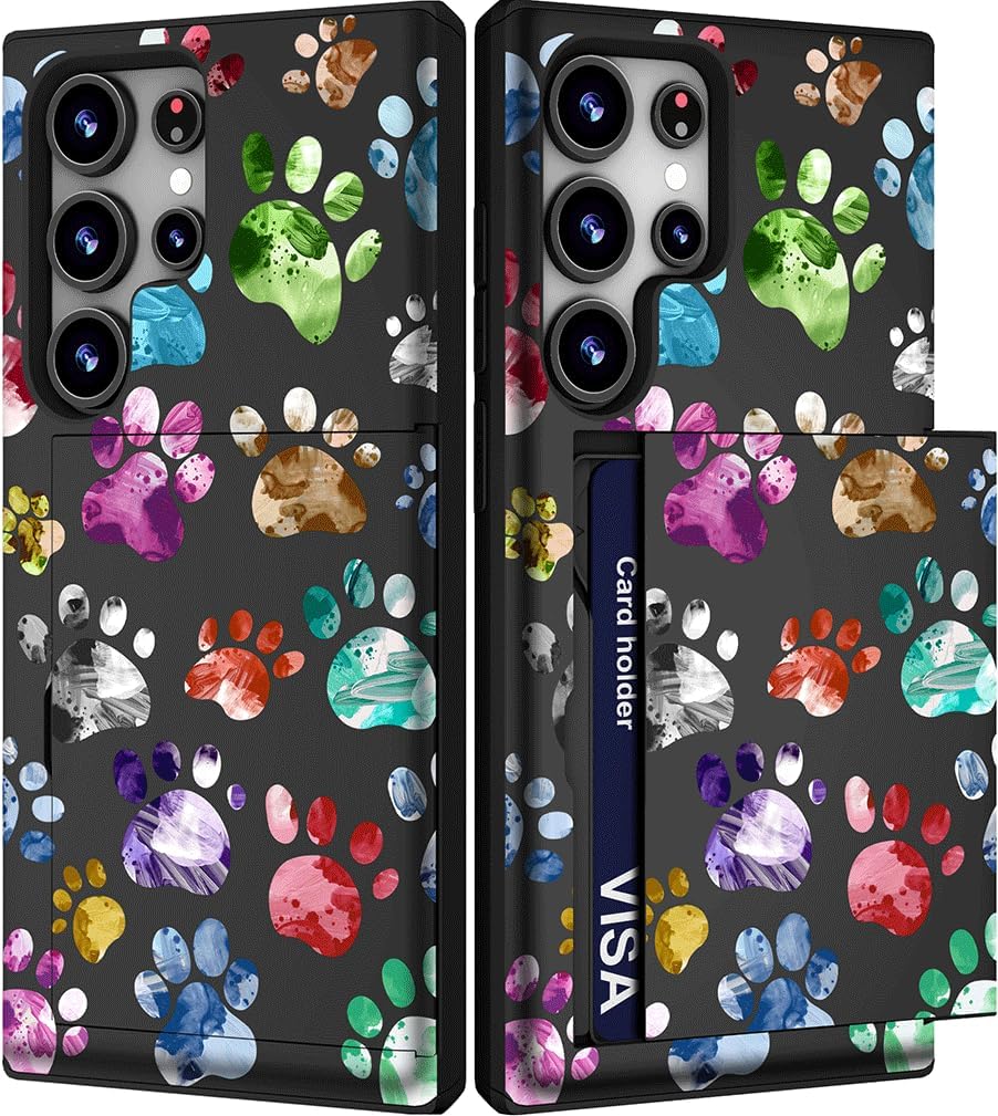 Compatible with Samsung Galaxy S25 Ultra Case Cute with Card Holder/Slim Wallet Phone Cover for Women/Colorful Doodle Paws Dog Craws Footprints Animal Watercolor