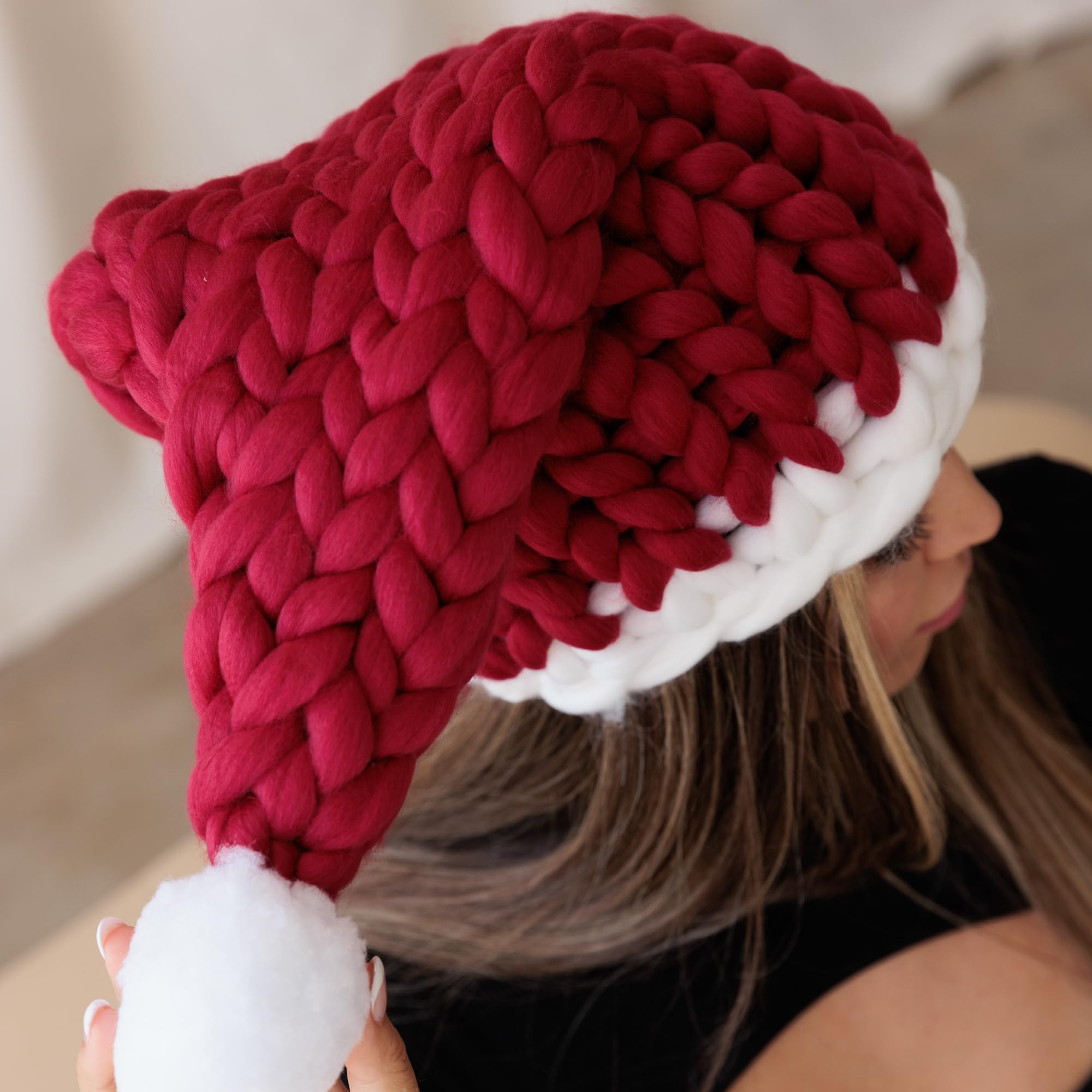 Pinup - Gorro de Papá Noel grueso y único tejido a mano, gorro rojo festivo para fiestas de Navidad, sombrero de Navidad holgado para mujer