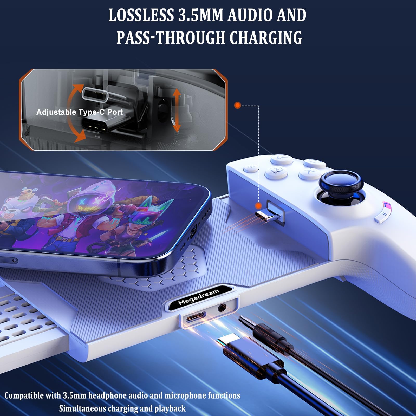 Megadream Mobile Gaming Controller für iPhone 16/15 & Android USB C Handy Controller mit 3,5-mm-Audiobuchse, Handheld Wireless Gamepad für PS5/PS4/Xbox/PC, Hall-Joysticks/Trigger,Cloud-Gaming Weiß