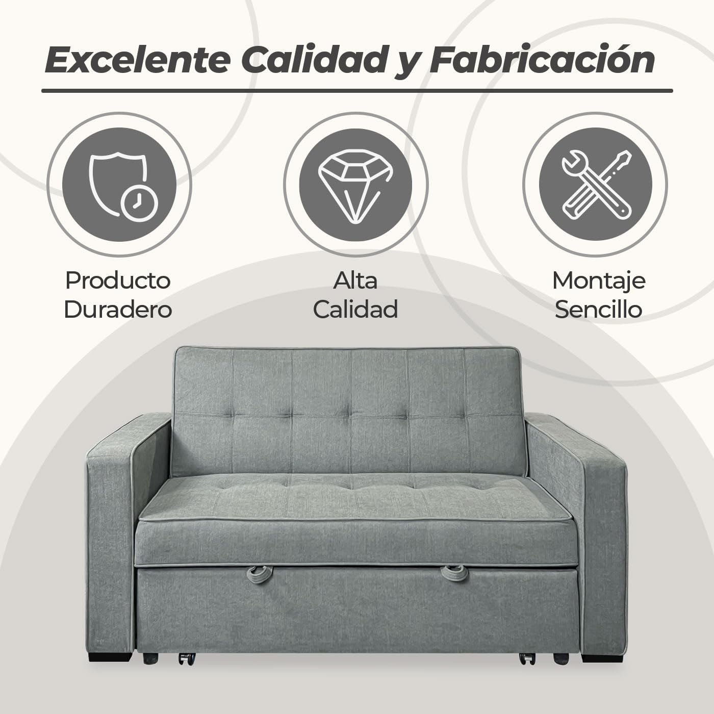 Somnia Descanso - Sofá Cama de 2 Plazas Modelo Volga, Diseño Moderno y Elegante | Práctico y Funcional, con Reposabrazos, Gris