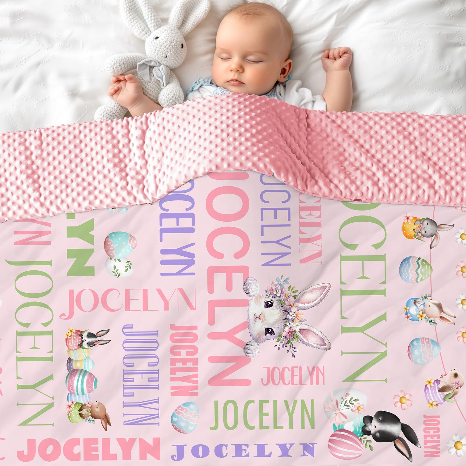 MJARTORIA Personalised Nane Blanket, Customised Baby Blanket with Name Text for Girl Adult Soft Bubble Style Rainbow Elephant Blanket 100cm/150cm/200cm (Pink Easter-6)