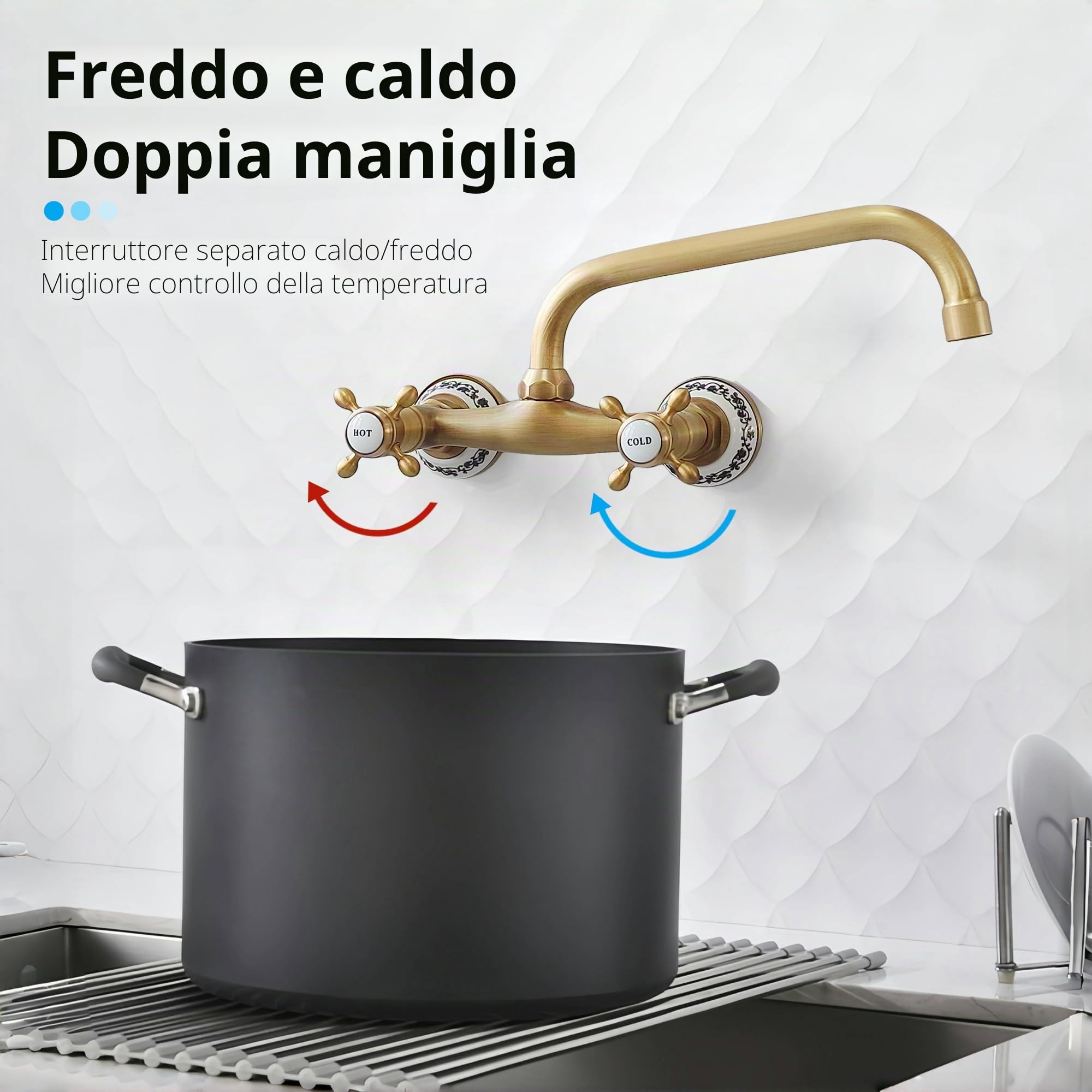Rubinetto da Cucina a Muro in Ottone Anticato, Vintage Miscelatore Lavello a Parete in Bronzo, Girevole a 360° Doppia Manopola Rubinetti per Bagno e Cucina, Bocca da 23 CM