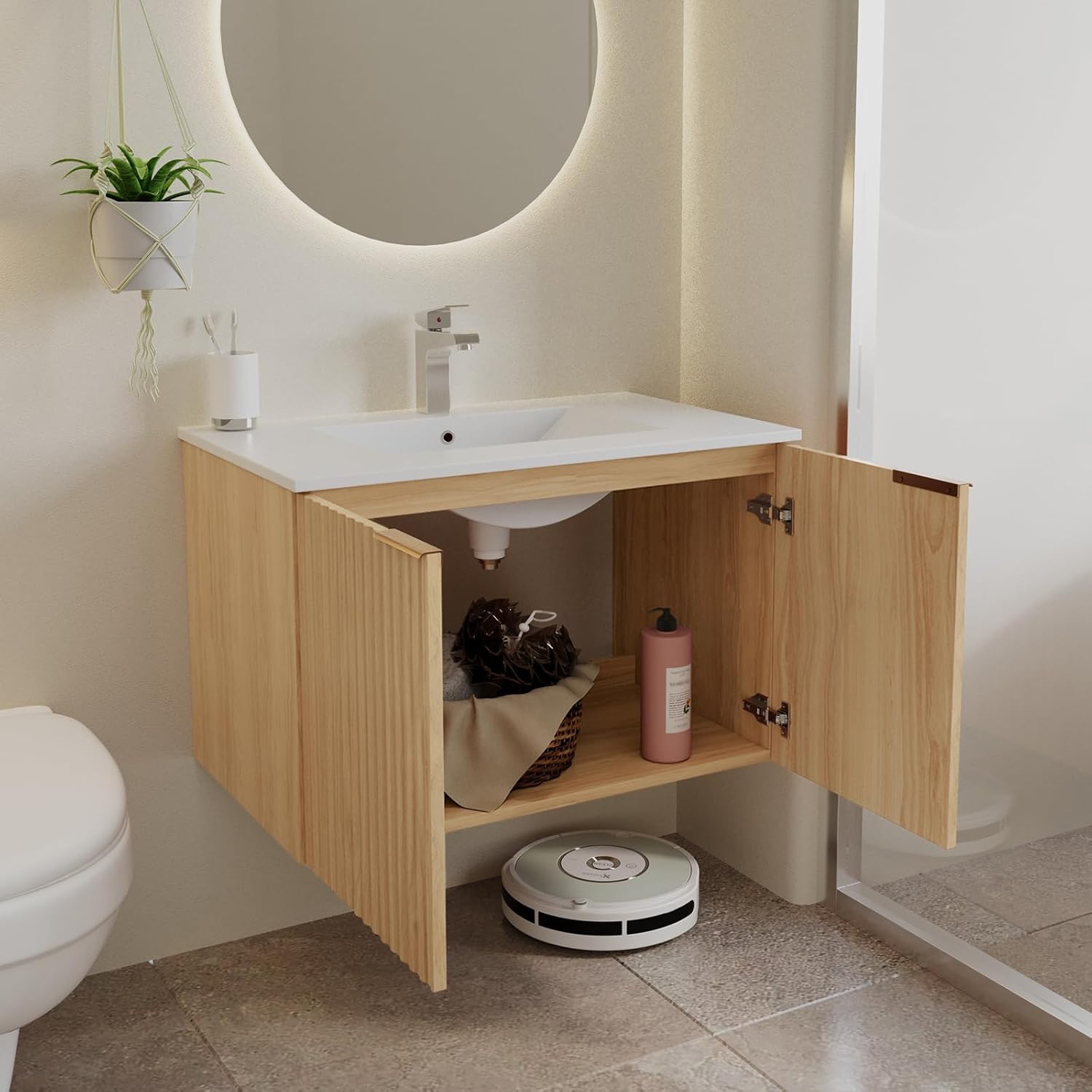 Modern Bathroom Vanity with Sink, Floating Wall Mount Cabinet with Wavy Textured Doors, Waterproof Storage for Small Bathroom, Soft-Close Design, Nature Wood (30")