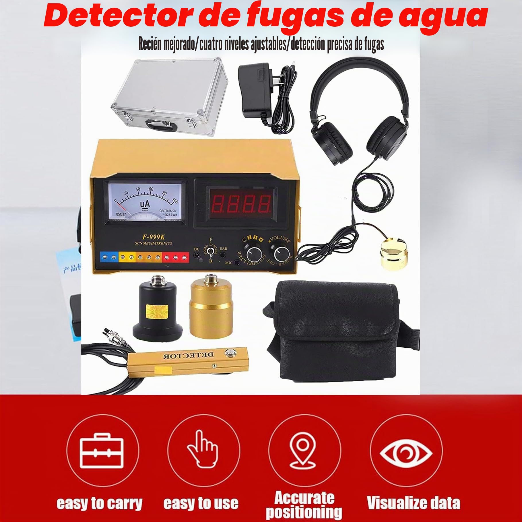 Detector de Fugas de Agua subterránea, Detector de Fugas de Agua de tuberías de Instrumentos, con frecuencia Ajustable de 4 Niveles, para Pisos, Paredes