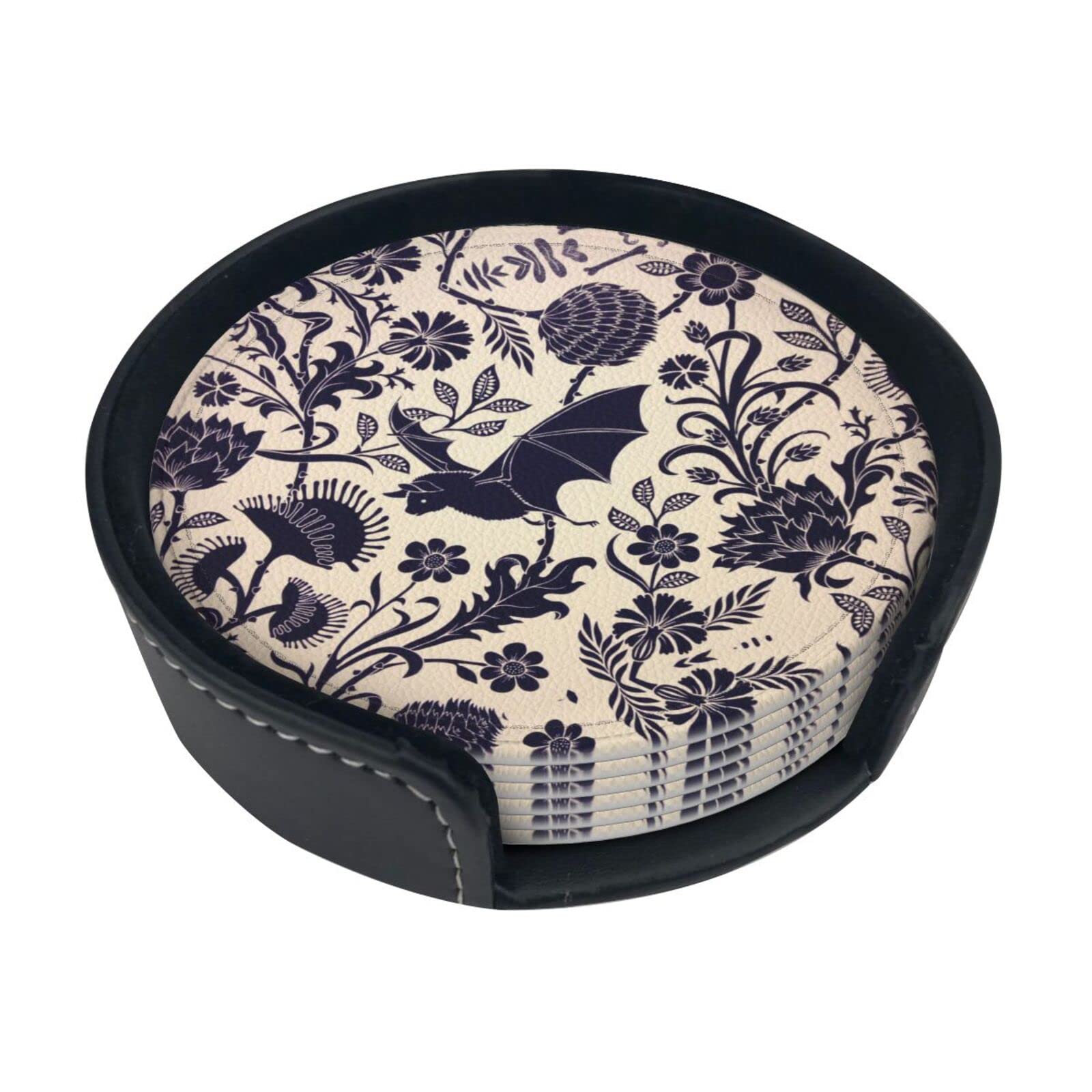 Alteko Bat Print Coasters Set Of 6 Print Leather Coasters For Drinks,Home Décor And Housewarming Gift