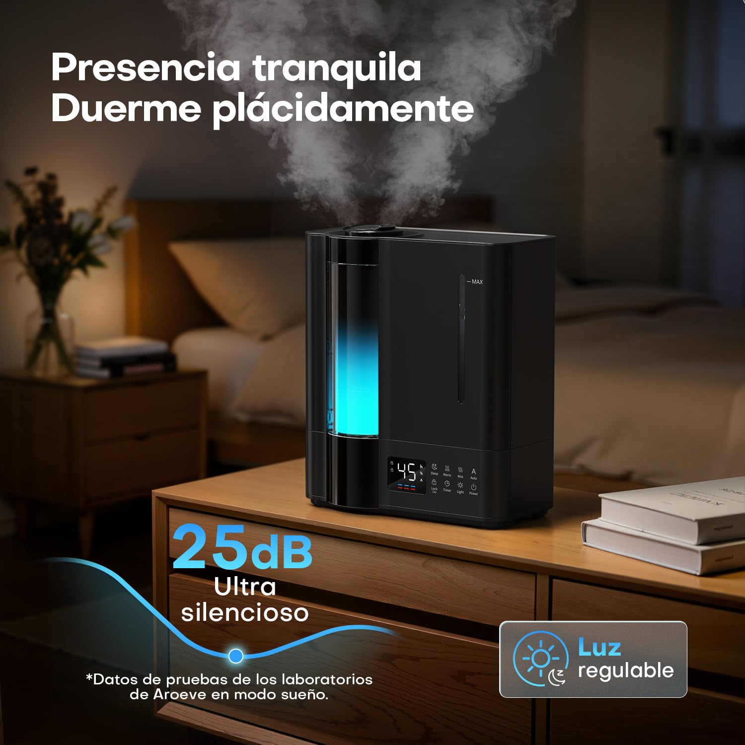 AROEVE Humidificador de Aire 8L, Ultrasónico Frío y Caliente, Sensor Humedad, 60H Silencioso