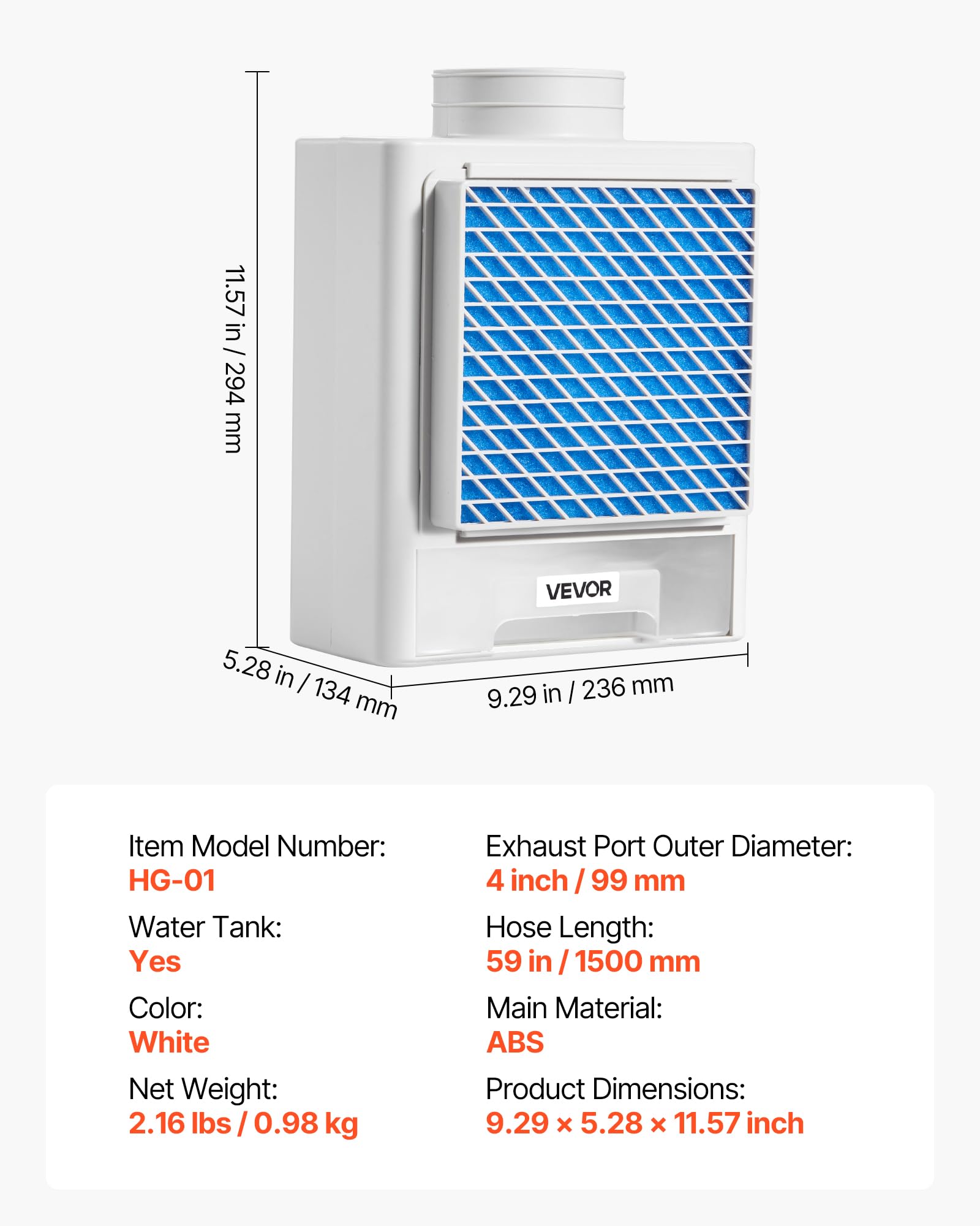 VEVOR Kit de Ventilación 3 en 1 para Secadora de Interior, con Cajón de Agua, a Puerto de Escape 99 mm, con Recordatorio Inteligente de Sobrecalentamiento y 4 Almohadillas Purificadoras, Blanco