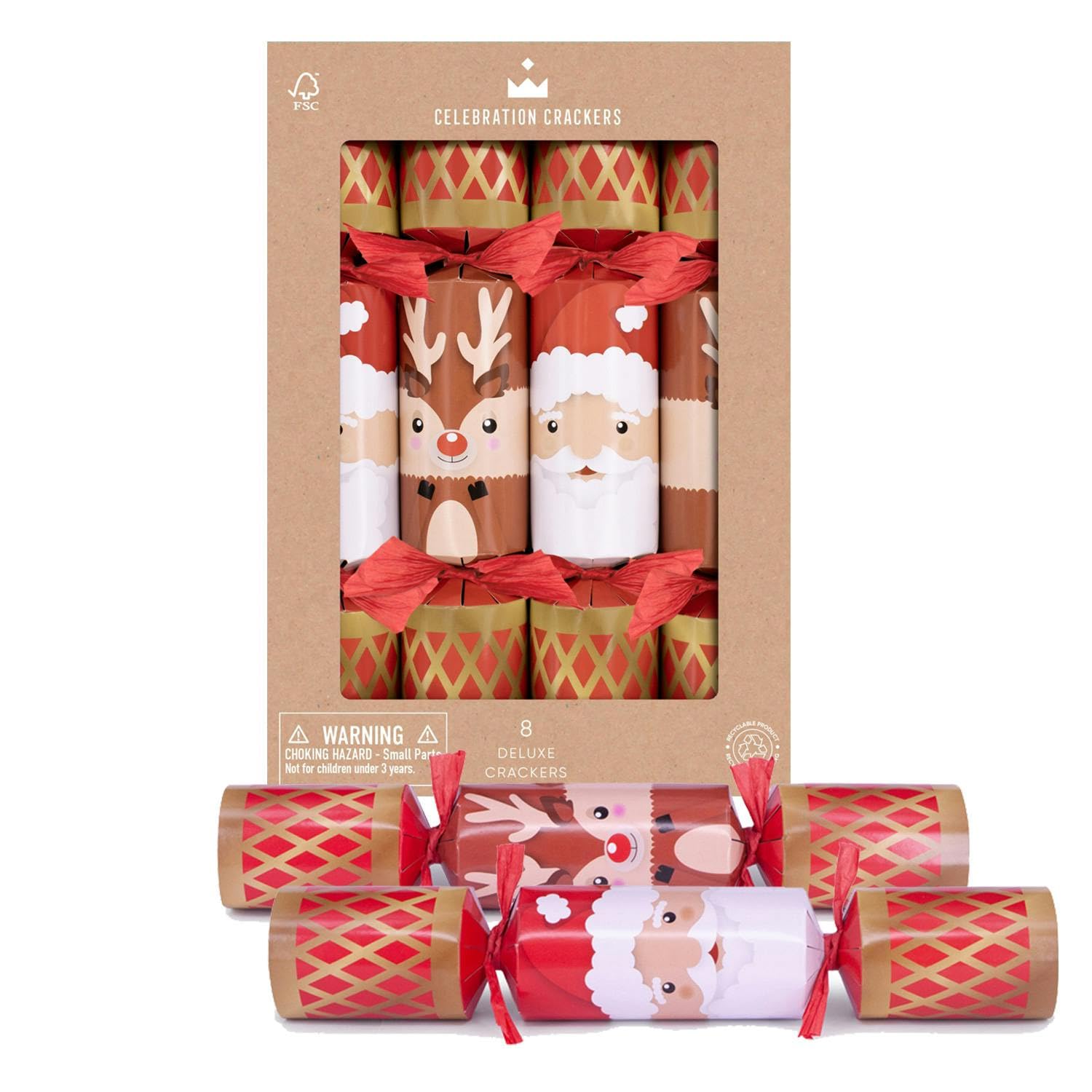 Celebration Crackers 8 x 12" Christmas Crackers - Santa & Reindeer Eco Cube with Plastic-Free Fun Gifts - FSC Eco-Friendly Packaging