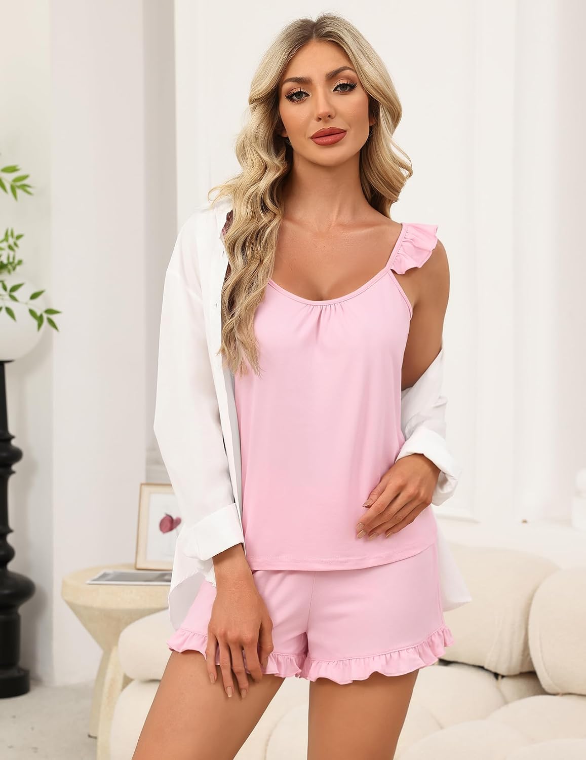 Ekouaer Pajama for Women Set 2 Piece Ruffle Cami Top and Shorts Pjs image 3