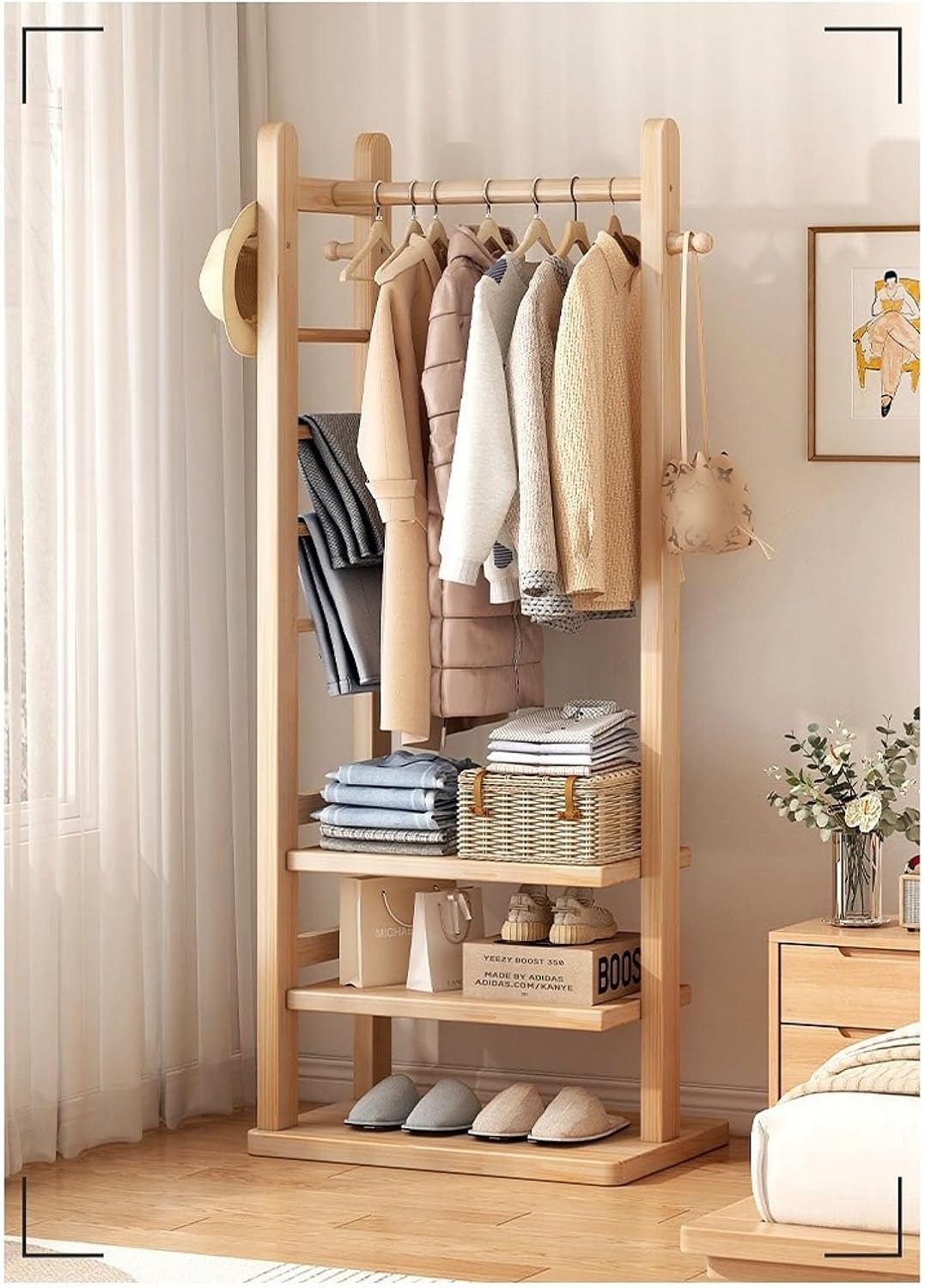木製 玄関ハンガーラック 省スペース コーナー用 収納棚付き 洋服掛け 鞄置き 帽子掛け スリム おしゃれ 衣類収納 耐荷重しっかり