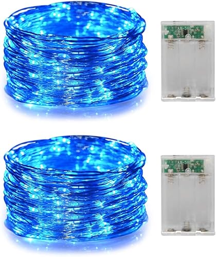 2 Pack Battery Operated Mini Led String Lights,Indoor Fairy Lights with Timer 6 Hours on/18 Hours Off for Halloween/Christmas Lighting Azul,Blanco