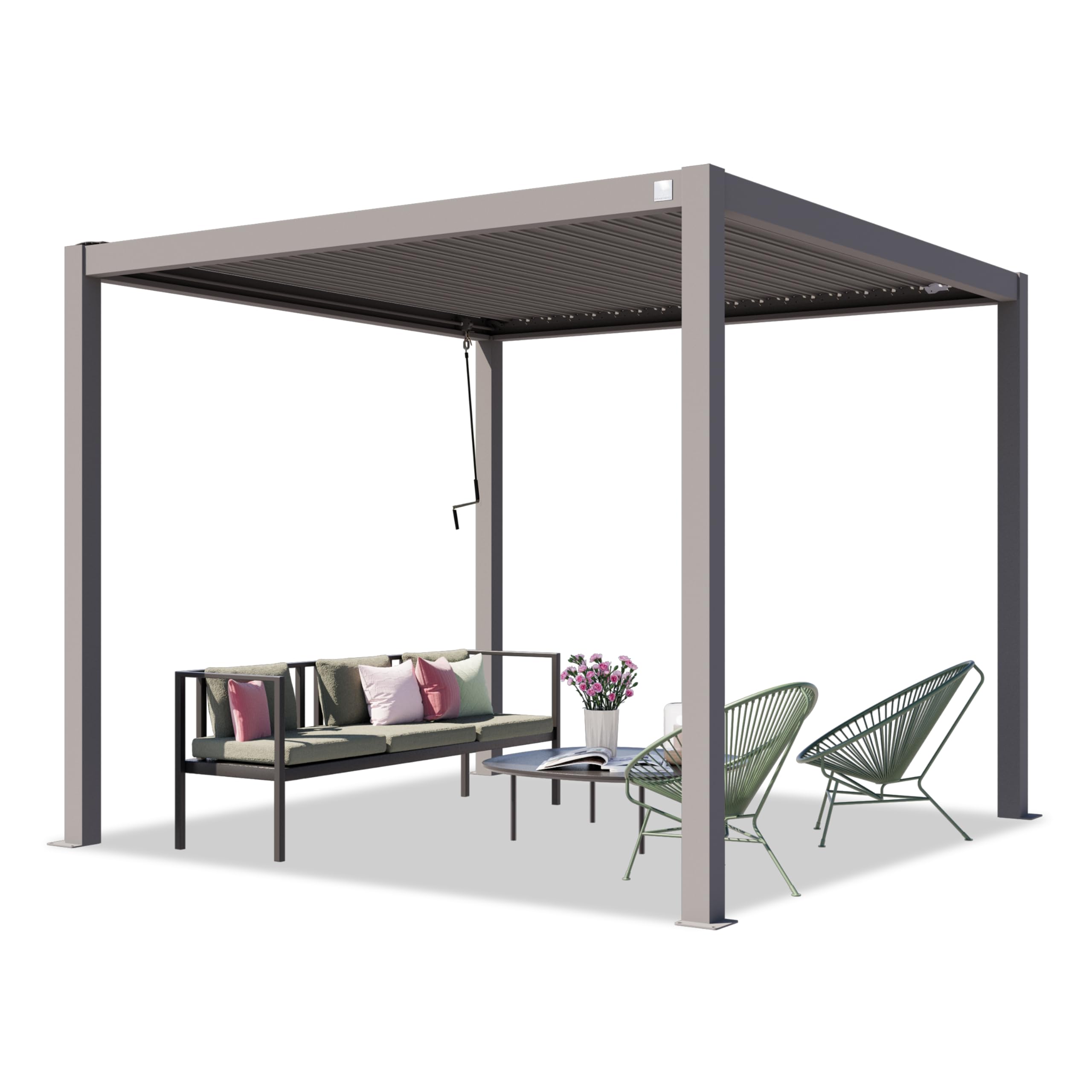 PRIMEYARD Pergola 3x3 m słupy aluminium z dachem z listew stalowych szara osłona tarasu