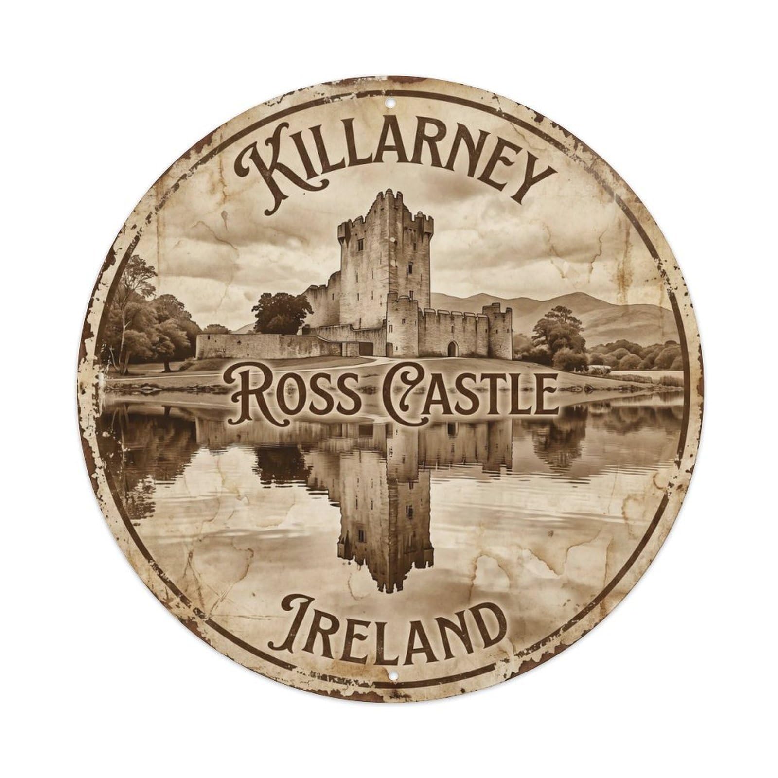 Cmhok Vintage Style-13 Vintage Travel Ross Castle Ireland Artwork Metal Tin Sign Plaque Wall Decor For Cafe, Club, Garden Round Metal Poster 8X8inch
