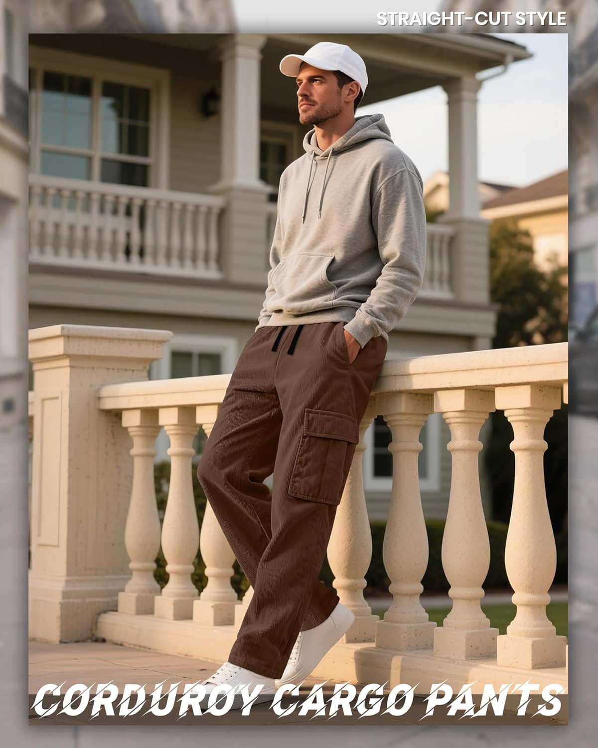 Men's Corduroy Cargo Pants Drawstring Elastic Waist Baggy Sweatpants Casual Loose Fit Wide Leg Pant with Pockets - Image 2