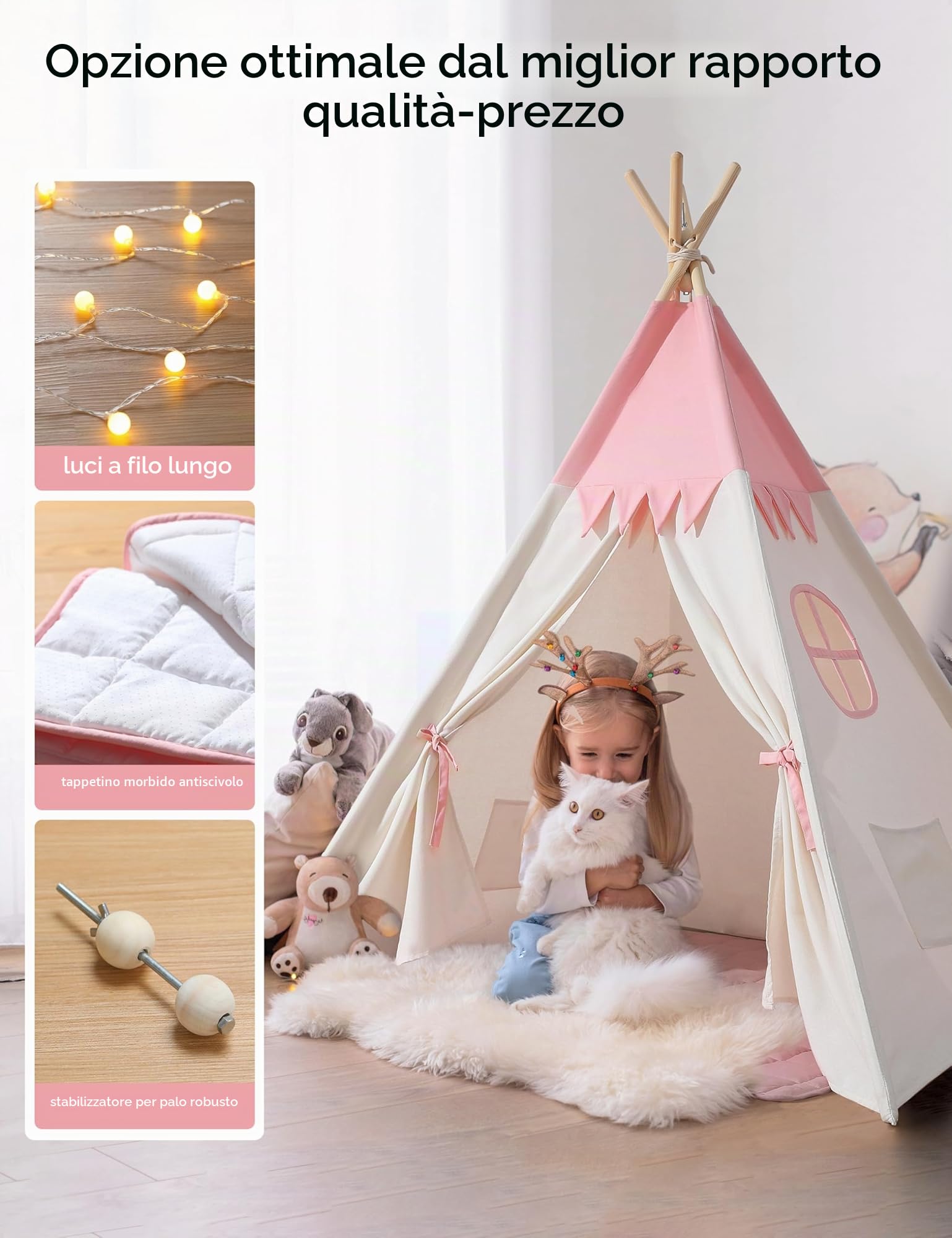 besrey Tenda per Bambini da Gioco in Tela Indiana Teepee in Cotone con Tappetino Imbottito e Luci Fatate (Rosa e bianco)