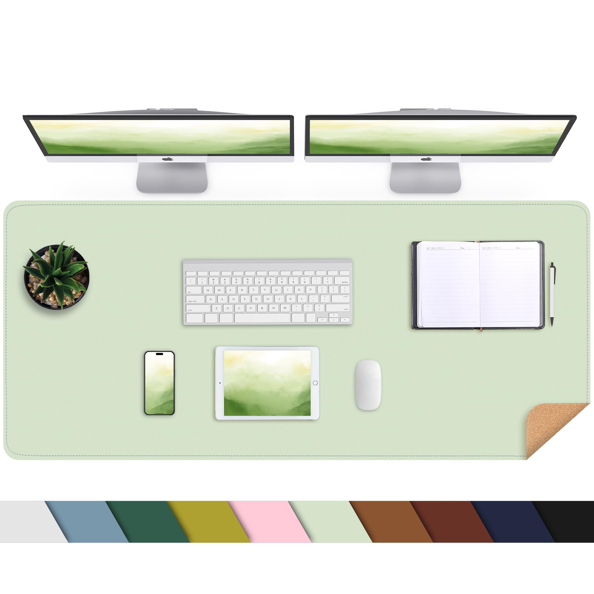 Leather Desk Mat, Large Mouse Mat,PU Leather & Cork Desk Pad, Waterproof Leather Table Protector Writing Pad for Office and Home(120x 43 cm,Light Green) — image 1