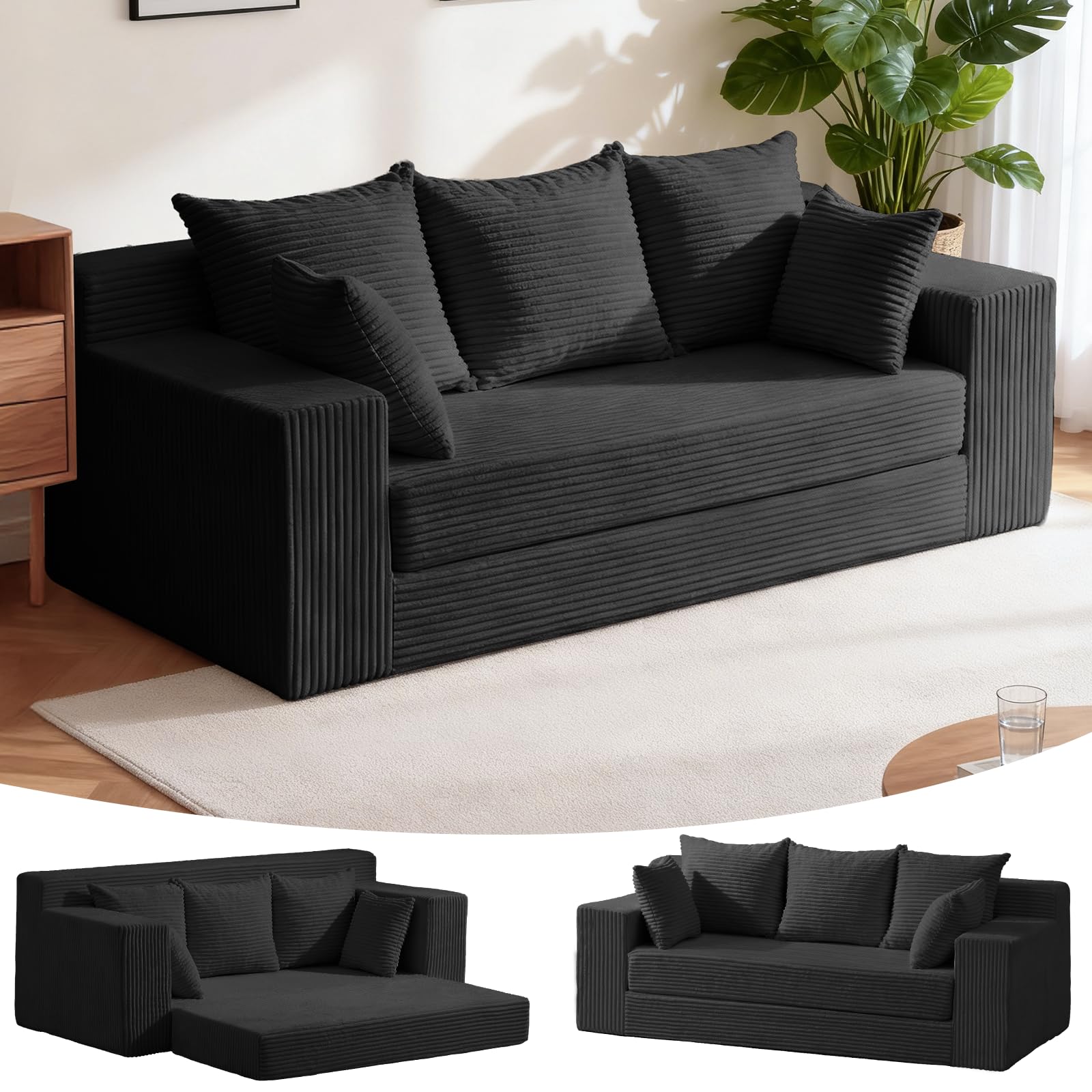 Convertible Sofa Bed, Pull Out 3 Seater Sleeper Sofa, 70" Black Boneless Couch Fold Out Floor Couch with 5 Pillows for Living Room Bedroom Lounge Small Space