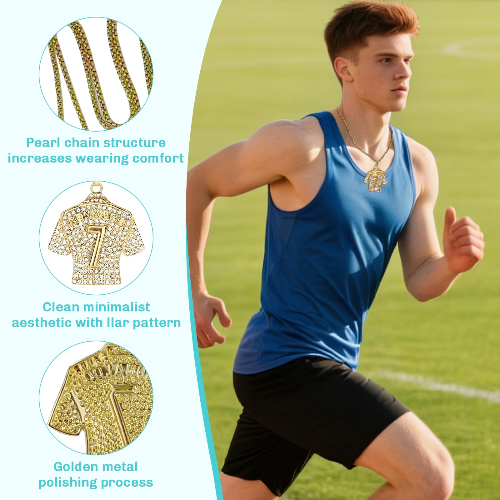 Lot de 3 accessoires de football avec bracelet CR7 noir et pendentif doré 3D réglable pour les fans de football et les joueurs - Bijoux sportifs - Bracelet maillot de football - Collier 7 chaînes de