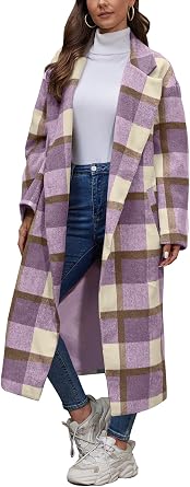 Womens Plaid Wool Coat Shacket Jacket Casual Long Sleeve Laple Button Down Flannel Trench Coats