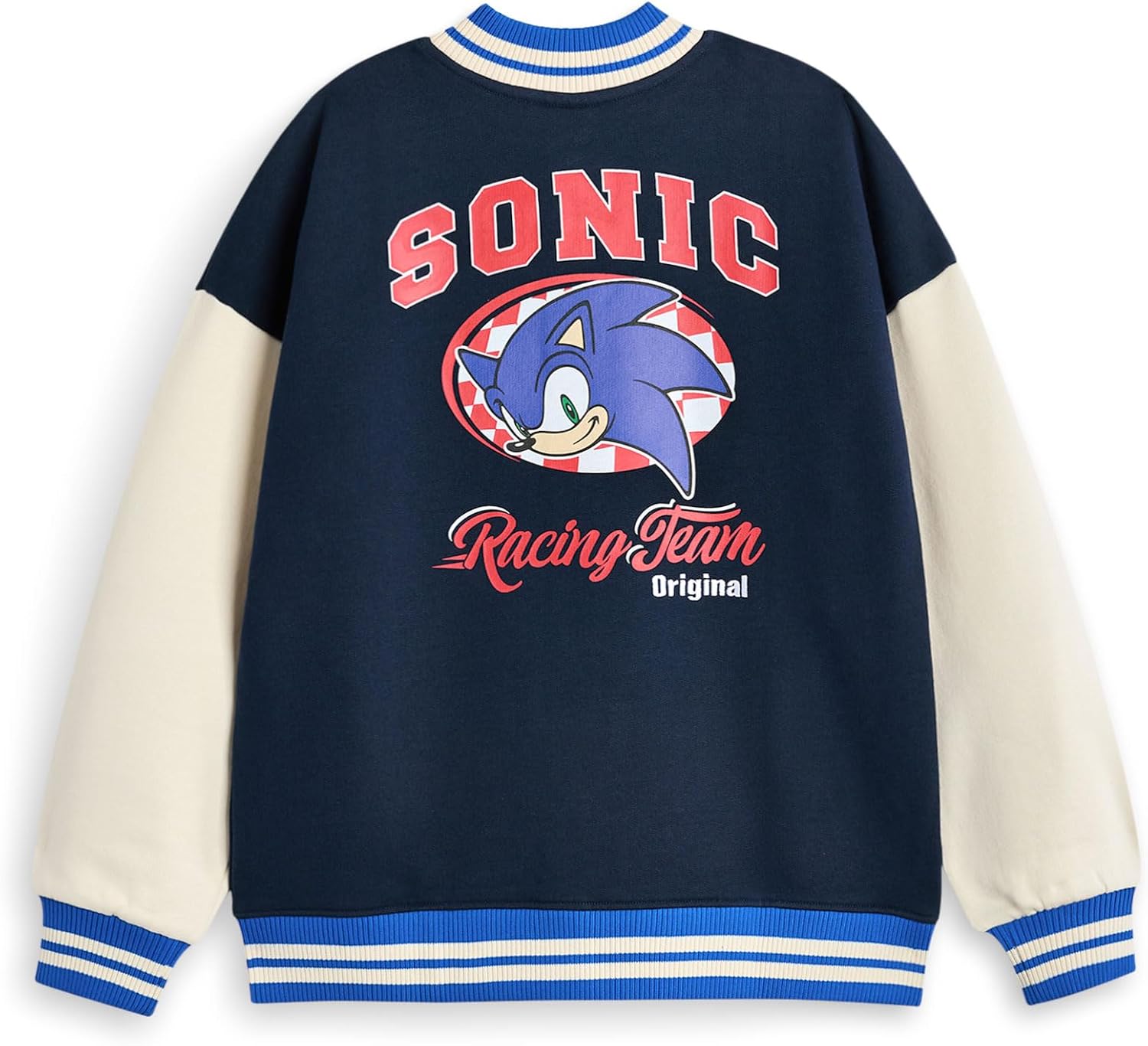 Sonic The Hedgehog Boys Bomber Jacket | Kids Sonic Racing Team Varsity Jacket in Blue | Childrens Sonic Character Checkered