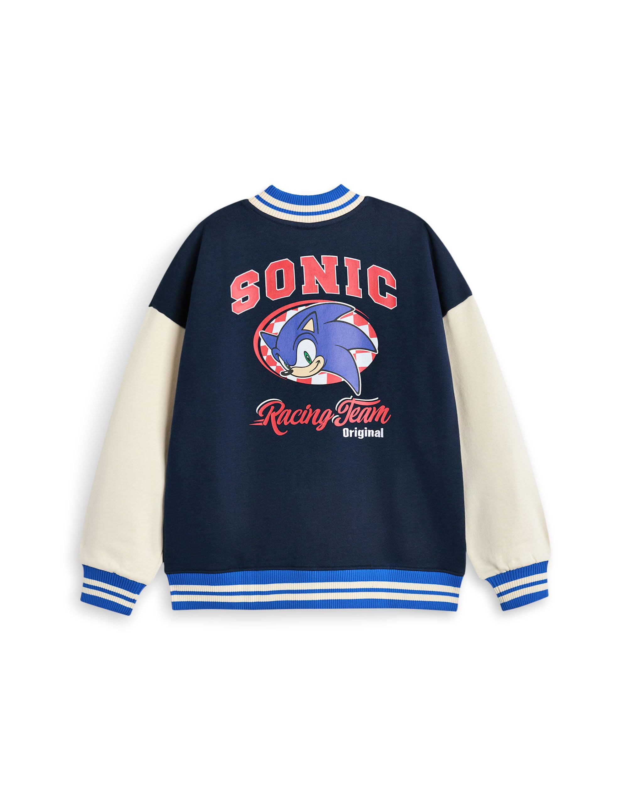 Sonic The Hedgehog Chaqueta bomber para niños| Chaqueta universitaria Sonic Racing Team para niños en Azul | Chaqueta de béisbol con cremallera y estampado de bandera a cuadros del personaje Sonic